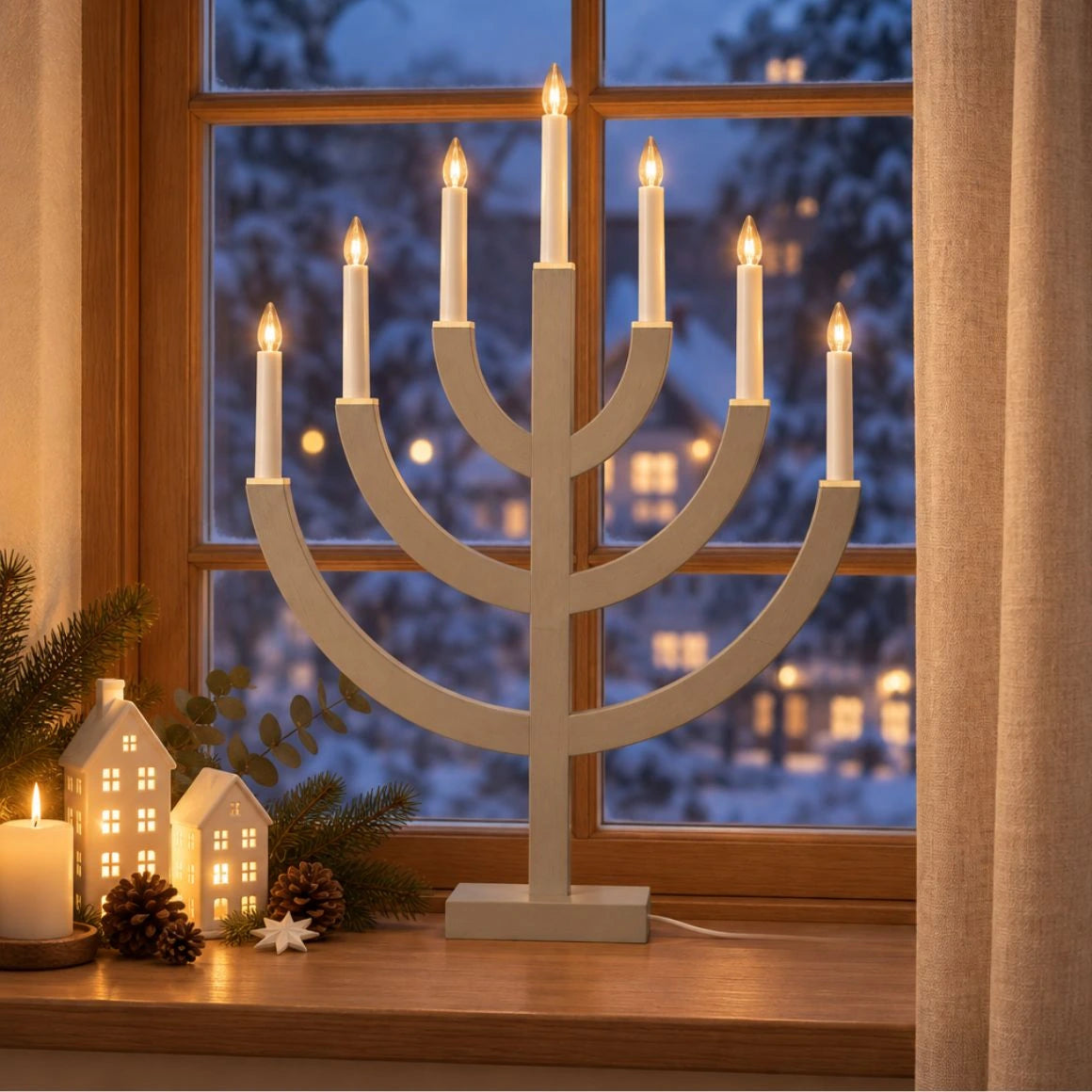 Fensterdeko in der Adventszeit und zu Weihnachten mit dem Fensterleuchter Tischlampe Anno 220-23 in der Fensternische dekoriert