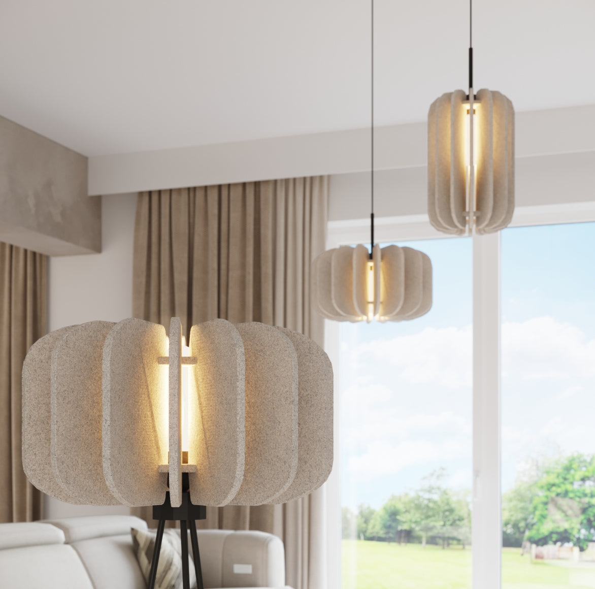 Kollektion moderne Stehlampe und Pendelleuchten Beige Filz und schwarz MULA von Sollux