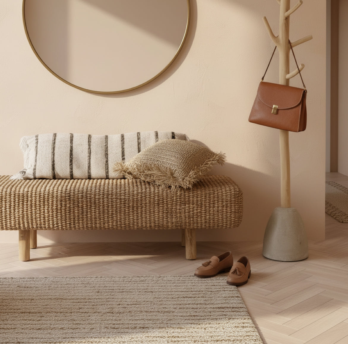 Sitzbank im Flur für mehr Gemütlichkeit mit Naturmaterialien. Perfekt auch für schmale Räume und kleine Eingangsbereiche.