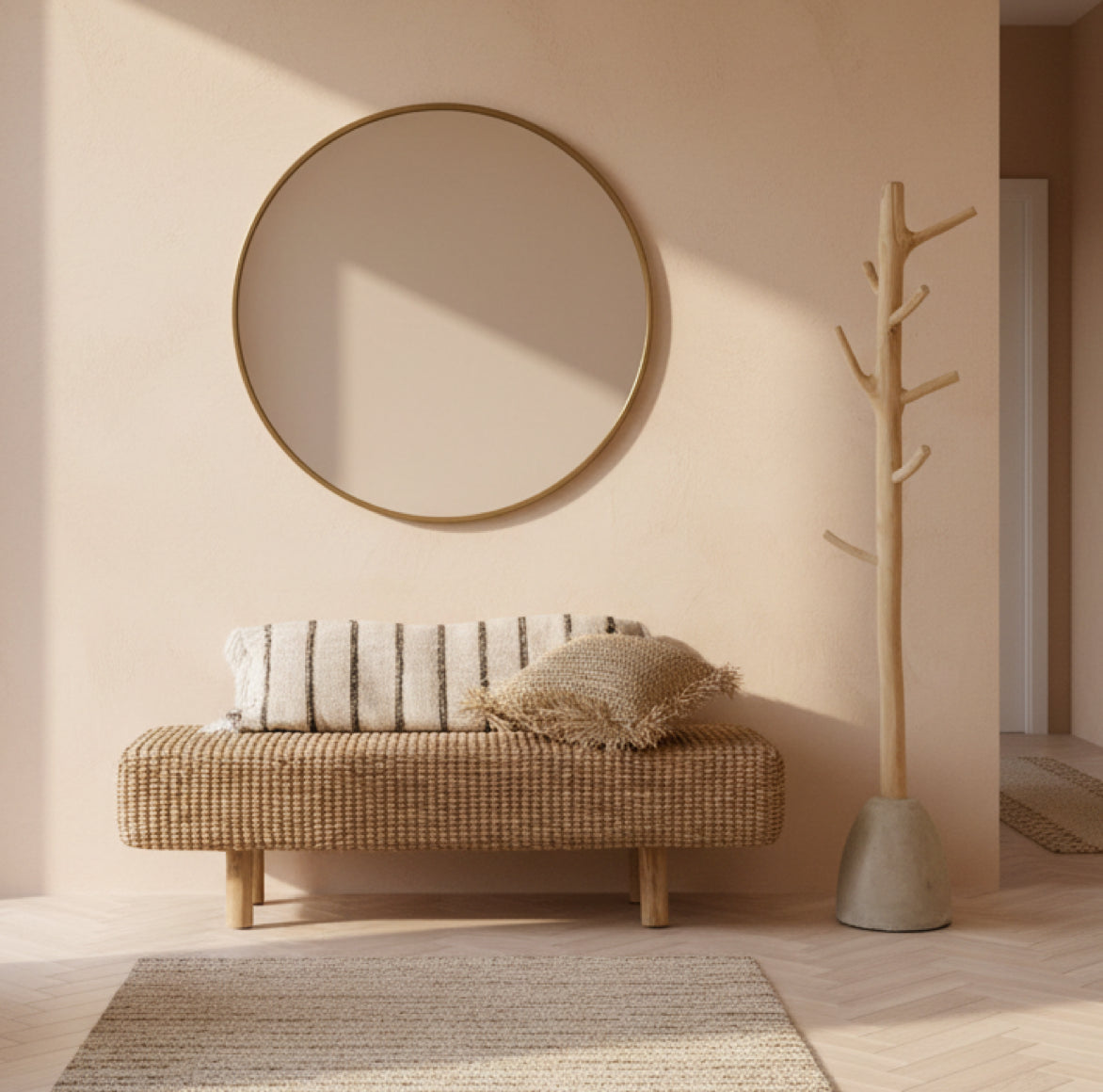 Gemütliche Sitzbank im Flur oder Eingangsbereich die aus Naturmaterial von Hand geflochten ist und zum Boho Stil passt.