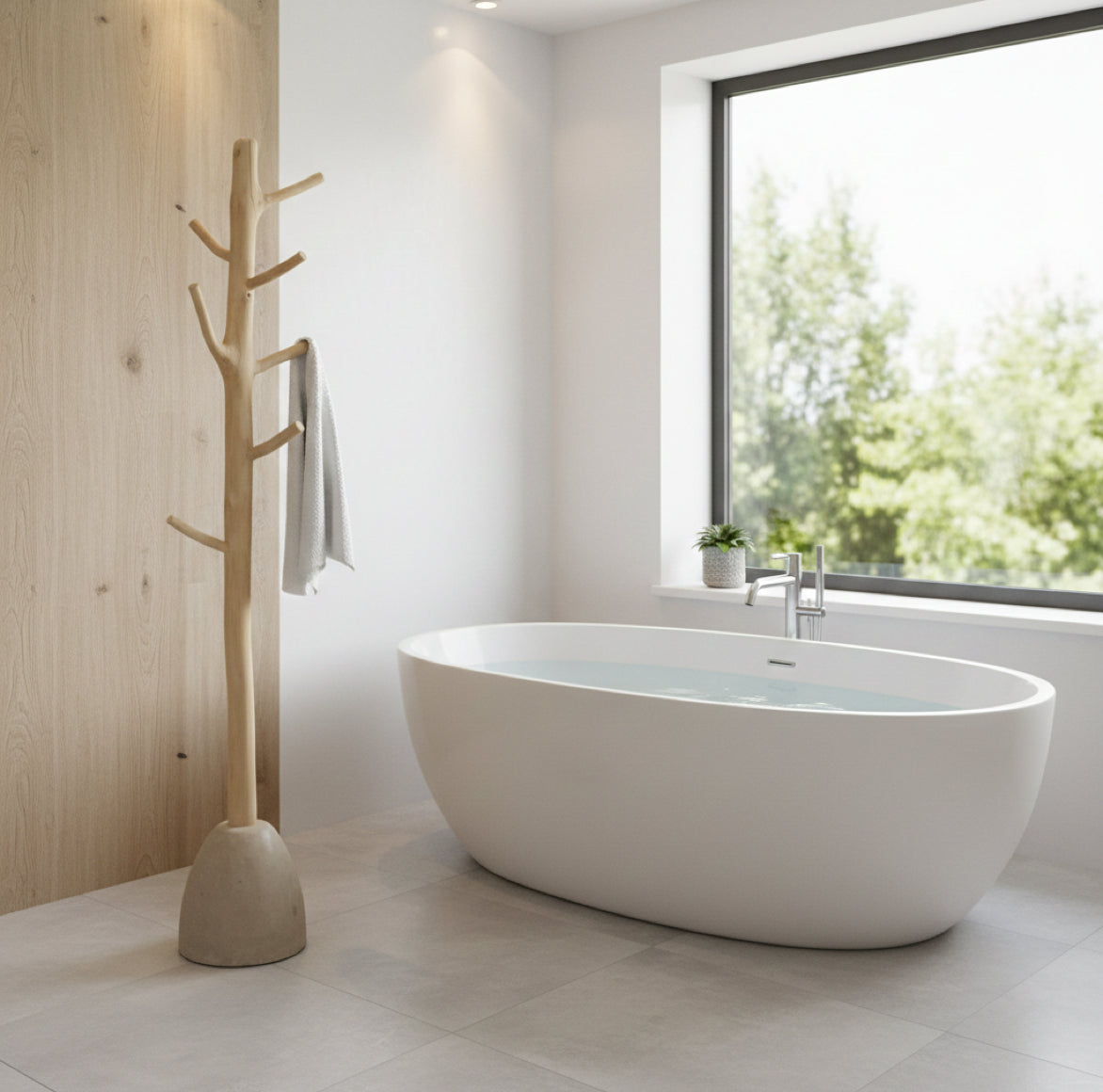 Exklusive Garderobe aus einem Baum aus Teak Holz als Handtuchhalter im modernen badezimmer