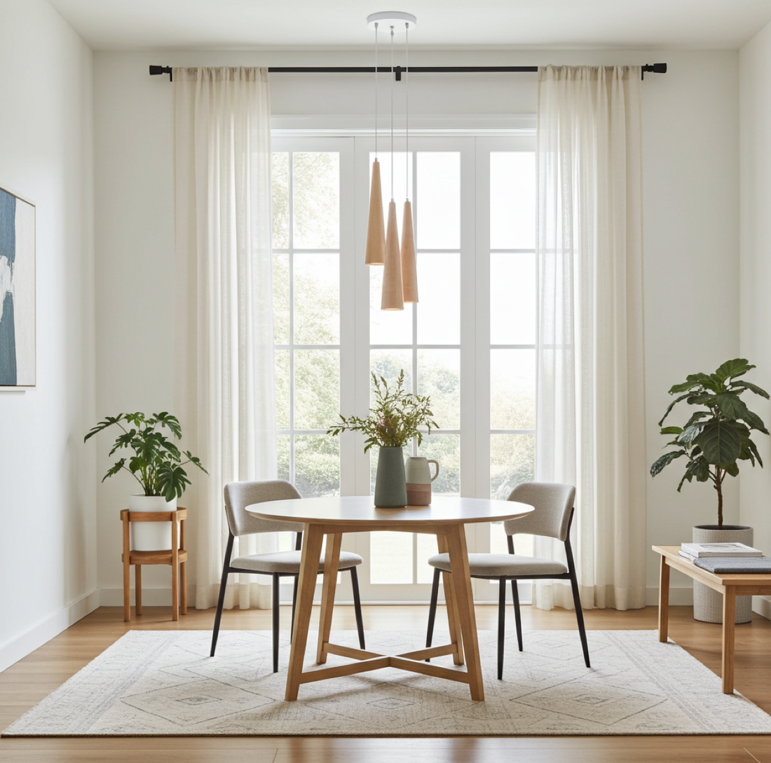 3-flammige Pendelleuchte aus Holz SULA Trio über einem runden Esstisch im Esszimmer das im skandinavischen modernen Stil eingerichtet ist