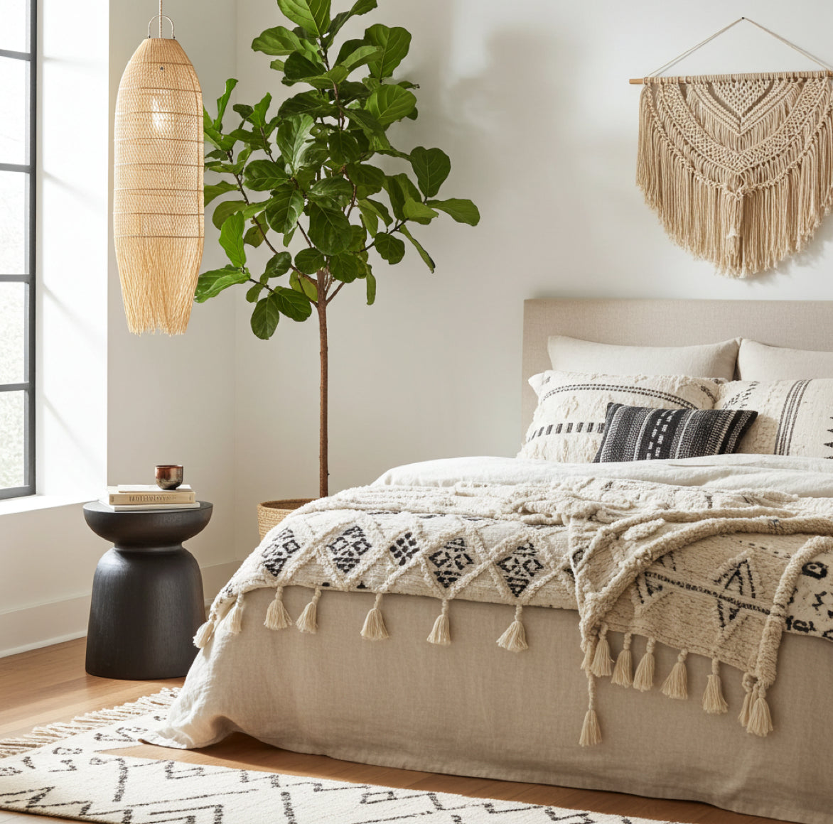 Lange Hängelampe mit Lampenschirm aus Rattan im Boho Design bei Soulbirdee für das schlafzimmer
