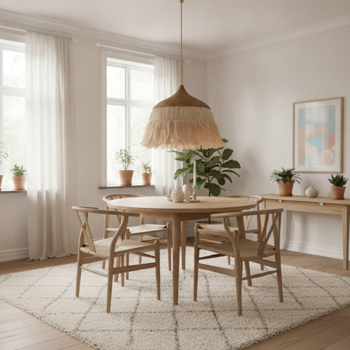Natürliche Boho Hängelampe Hoola aus Rattan und Ramie mit Fransen als Esstischlampe zum skandinavischen Stil