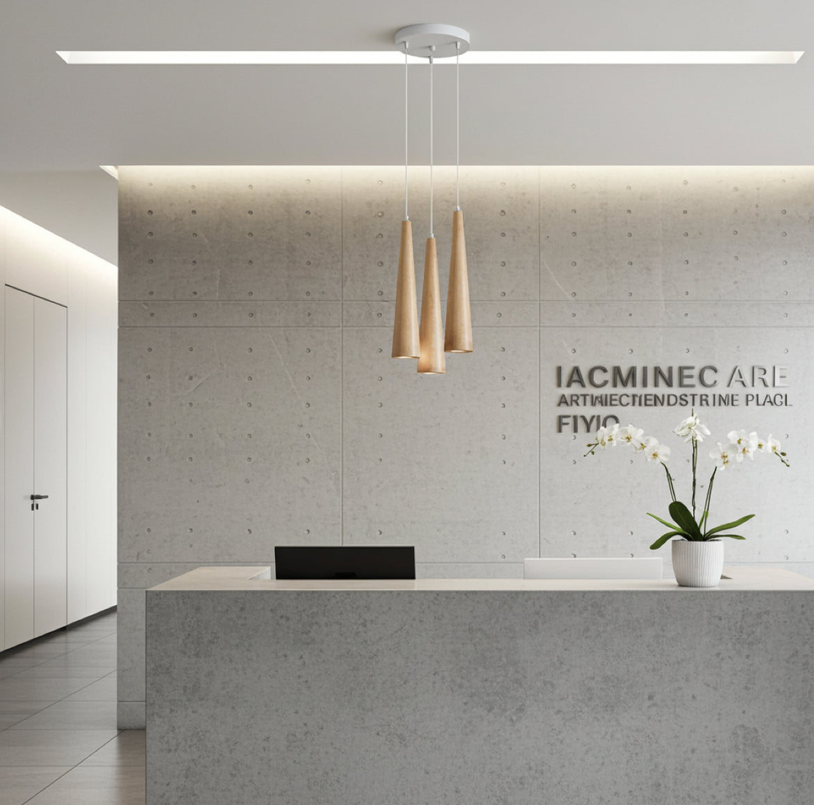 Moderne LED Hängelampe aus Holz als Beleuchtung auf dem Empfang Counter oder Tresen 