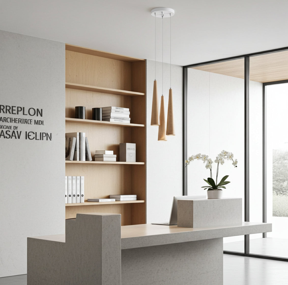 Hängelampe aus Holz mit LED Licht auf den Tresen gerichtet in einer Arztpraxis oder Kanzlei am Empfang