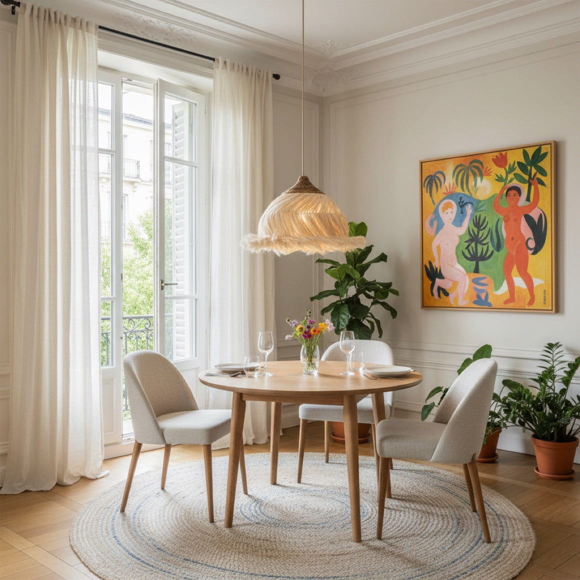 Boho Hängelampe aus Naturmaterial mit Rattan und Ramie Fransen über Esstisch