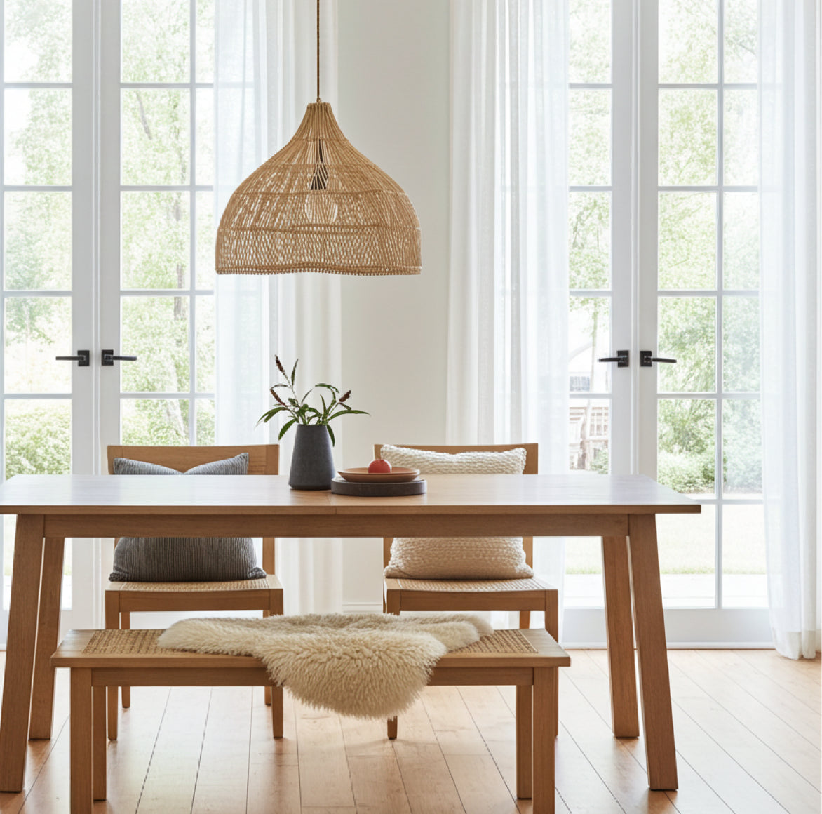Rattan Hängelampe Beachhouse 60 cm in Blütenform über einem Esstisch.