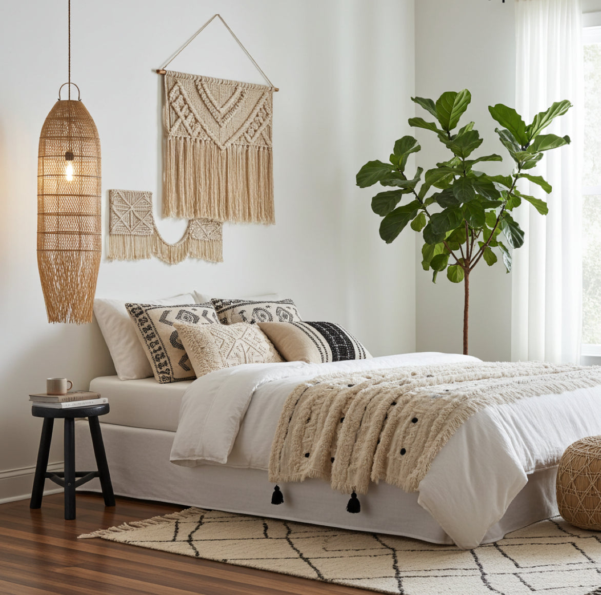 Gemütliche Schlafzimmerbeleuchtung mit schmalem Rattan Lampenschirm bei Soulbirdee