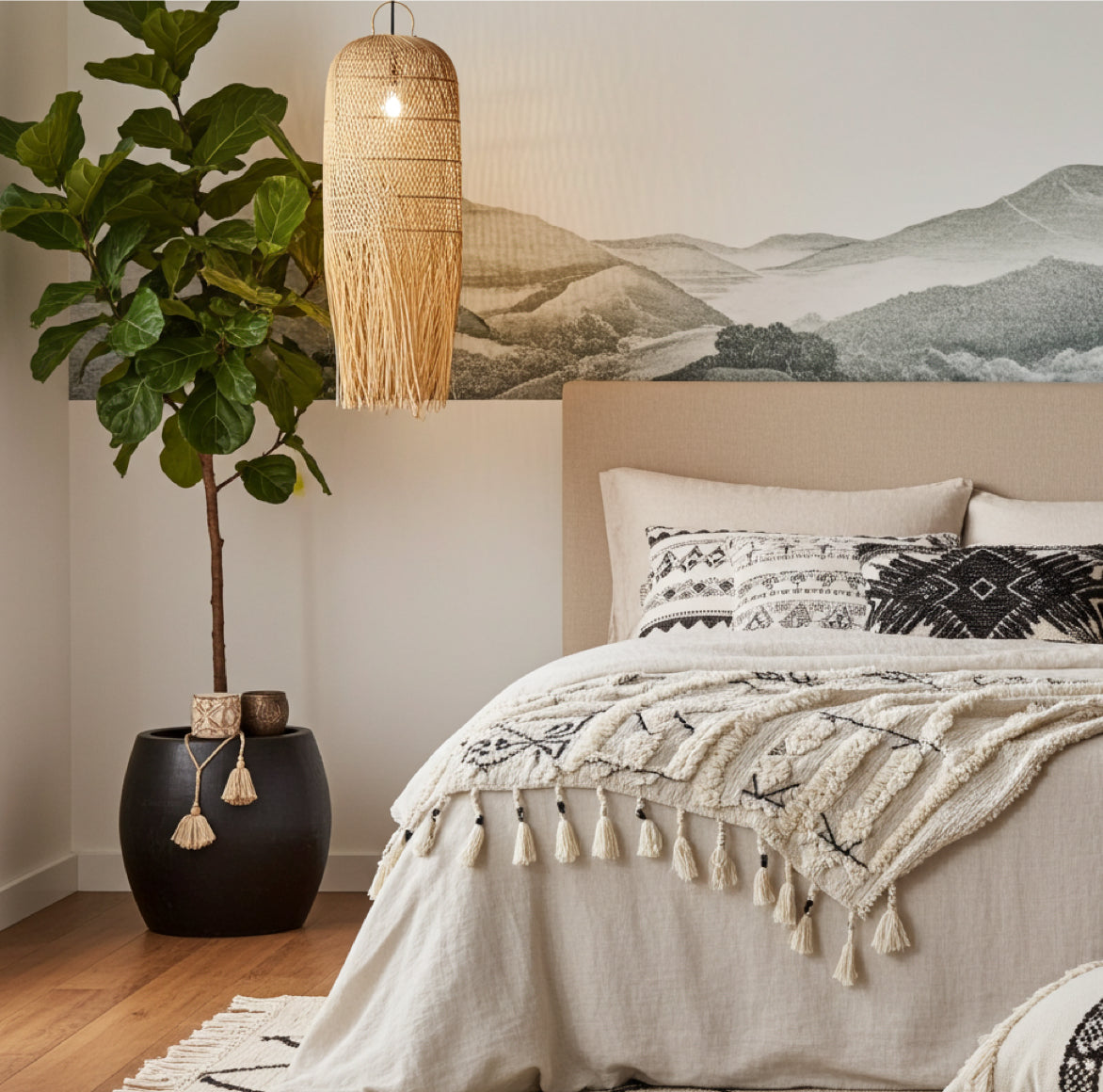 Schmale Lampen für kleine Ecken - Rattan-Look im gemütlichen Boho Schlafzimmer