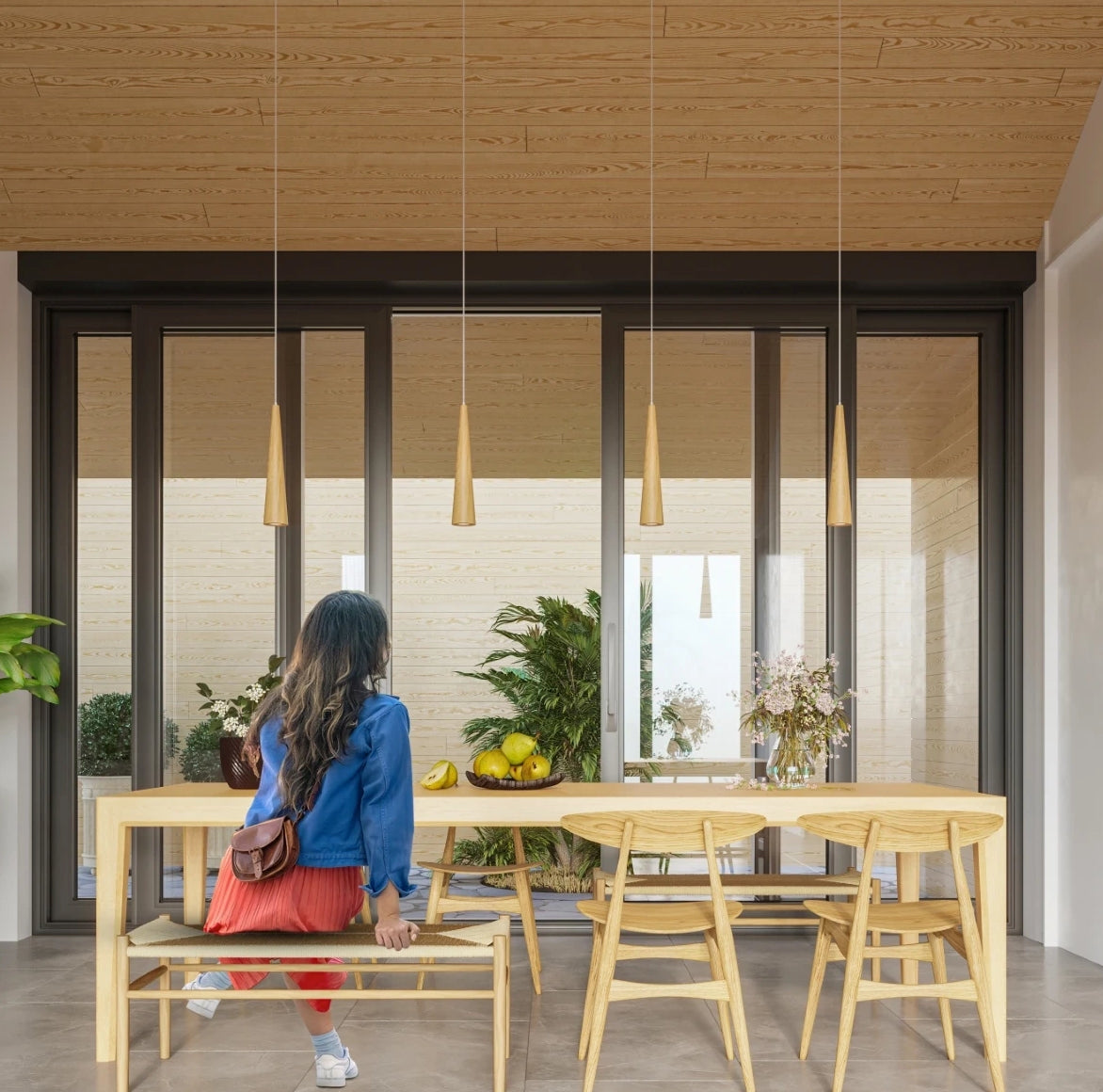 Esstischlampen aus Holz die schmal und hoch designed sind mit weißem Kabel