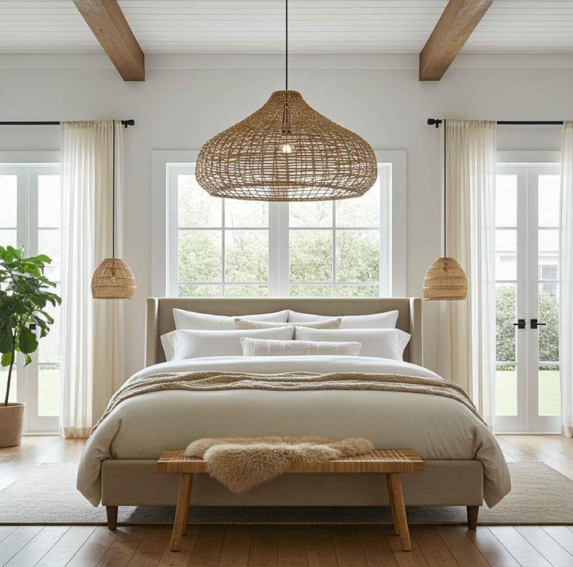 Handgeflochtene Hängelampe Mira 70 cm aus natürlichem Korb-Geflecht mit organischer Form für das Schlafzimmer 