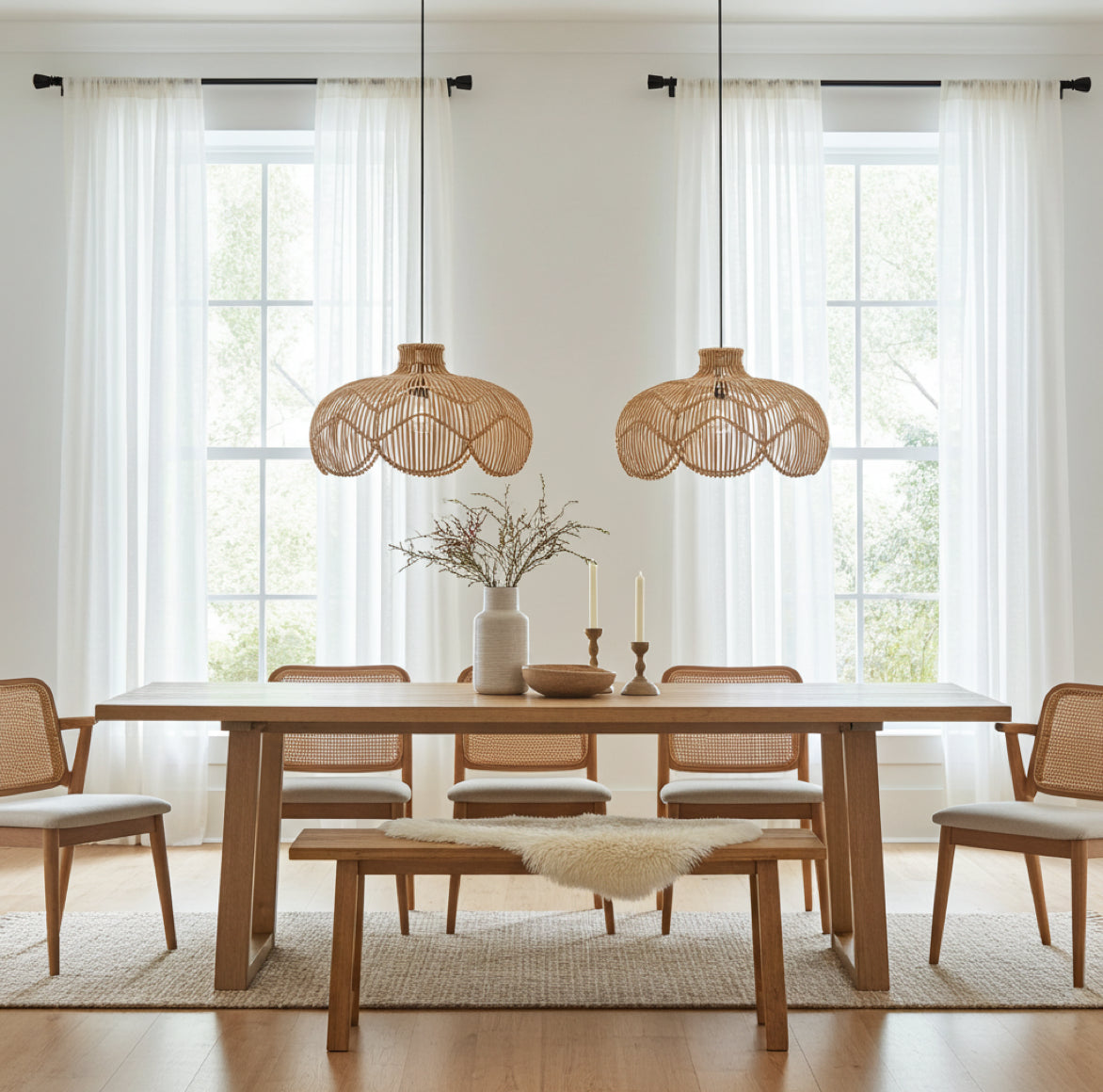 Hängende Rattan Lampe Belle als Große Esstischleuchte Rattan Ø 53 cm für stimmungsvolle Beleuchtung über einem großen Esstisch im Esszimmer