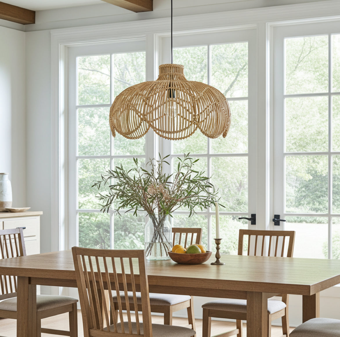 Moderne Wohnzimmer Lampe Naturmaterial Rattan Scandi Stil.