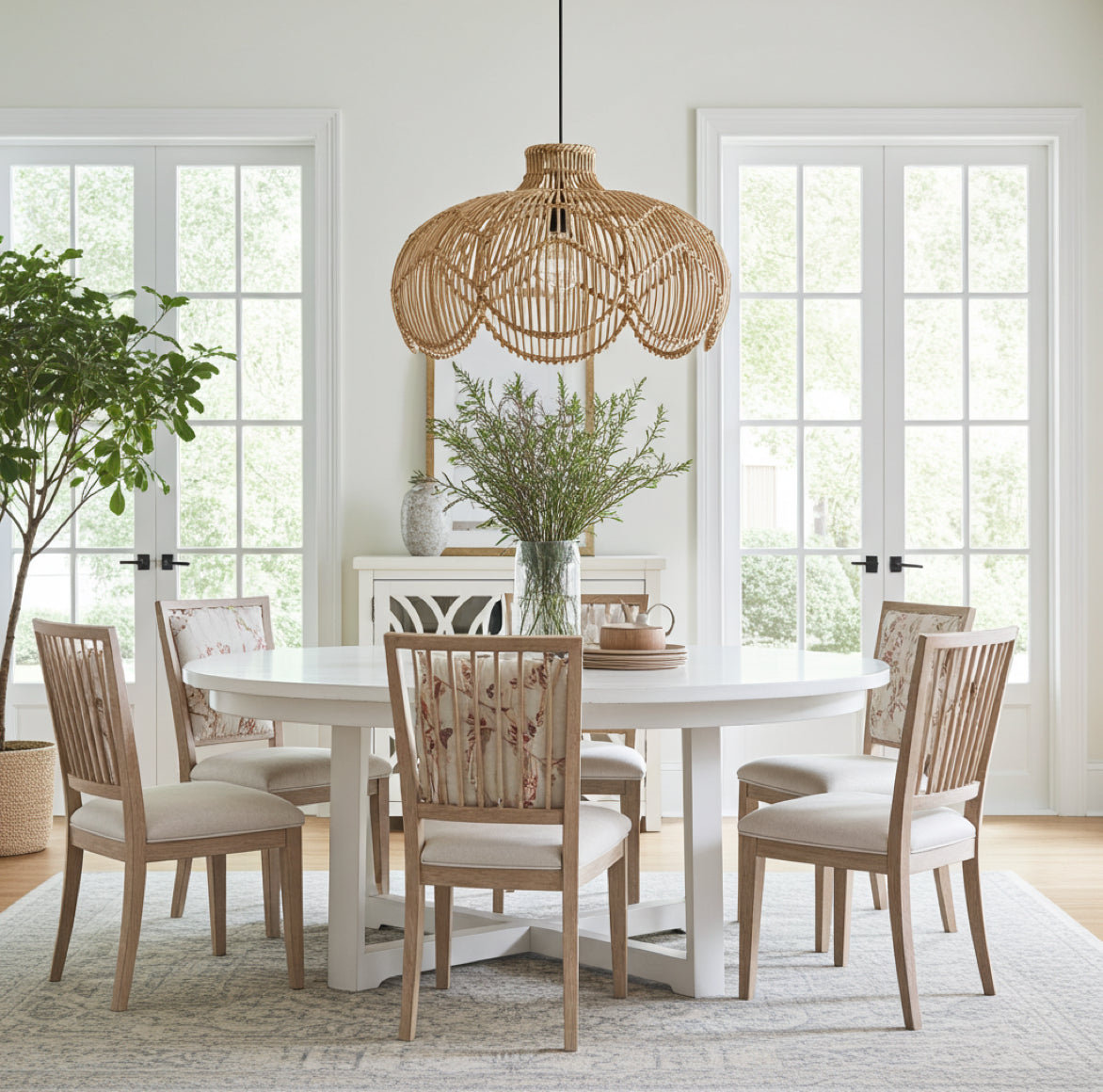 Die Rattan Lampe BELLE beleuchtet den runden Tisch und den gesamten Raum ohne Schattenkanten.