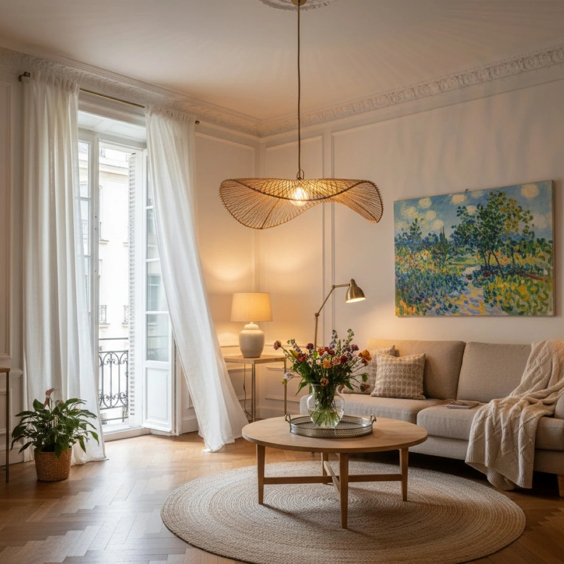 Geschwungene Hängelampe aus Rattan im Wohnzimmer als gemütliche Deckenlampe über dem Sofatisch