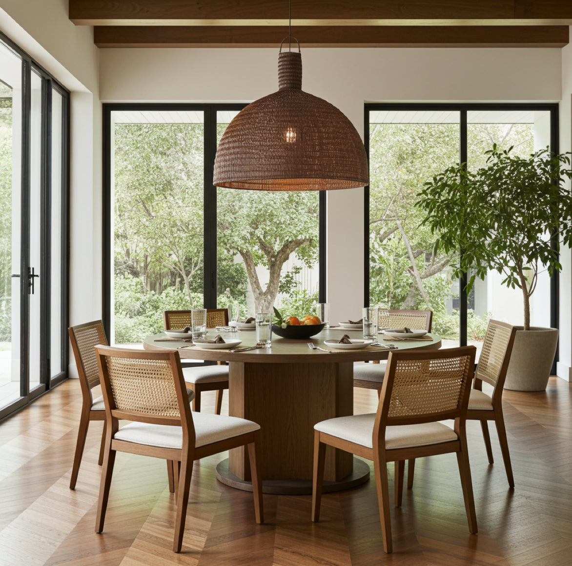 Die 100 cm große Dome-Leuchte  aus Rattan als imposanter Blickfang über einem großen Esstisch.