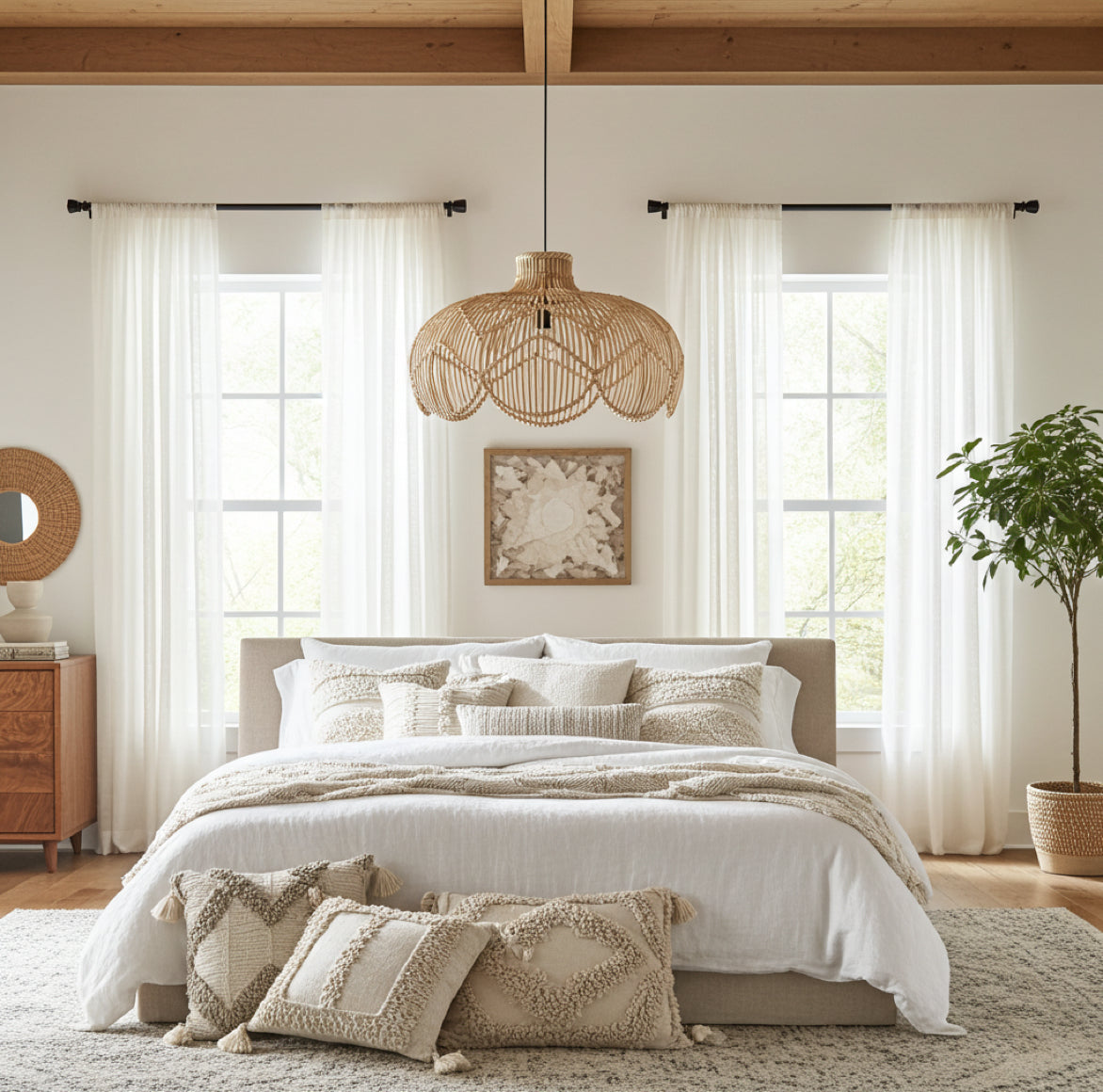 Boho Schlafzimmer Beleuchtung mit Rattan Hängelampe BELLE über dem Bett. Im Schlafzimmer sorgt das gefilterte Licht für eine meditative Atmosphäre.