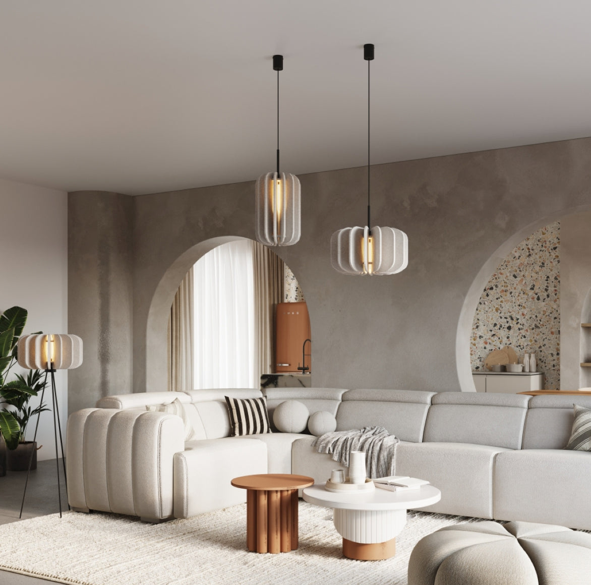 Hängelampen Beige Pandelleuchten Kollektion mit 3 Wohnzimmerlampen die ein Design mit Lamellen haben