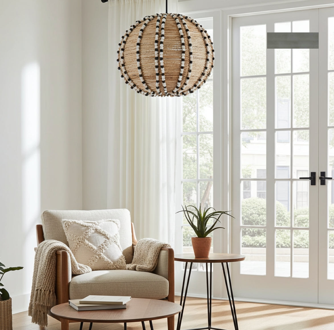 Nachhaltige Pendelleuchte aus Naturmaterialien mit Perlen aus Holz für gemütliches Licht im Wohnzimmer