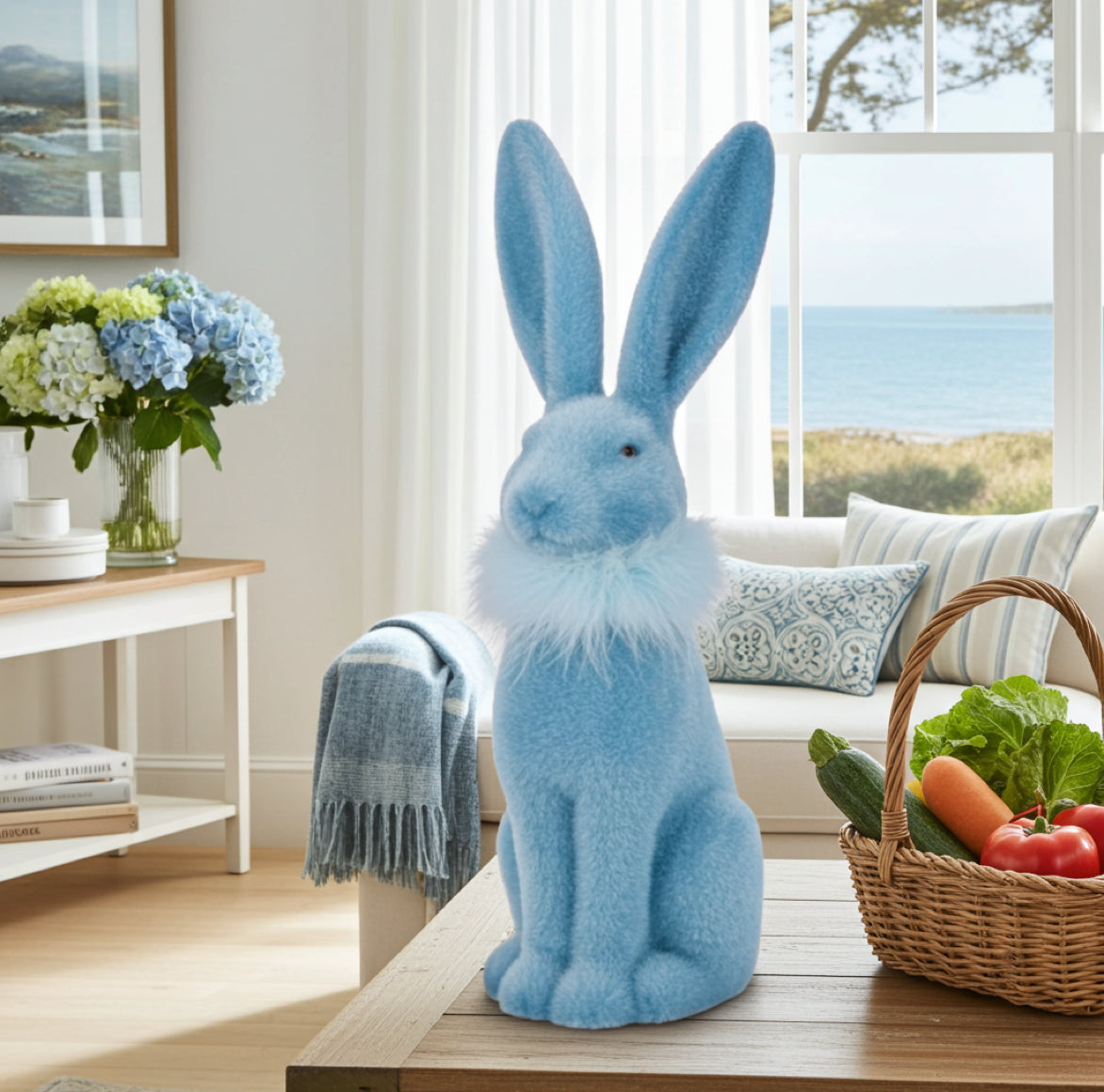 eleganter XL Oster-Hase als Frühlingsdeko im Wohnzimmer