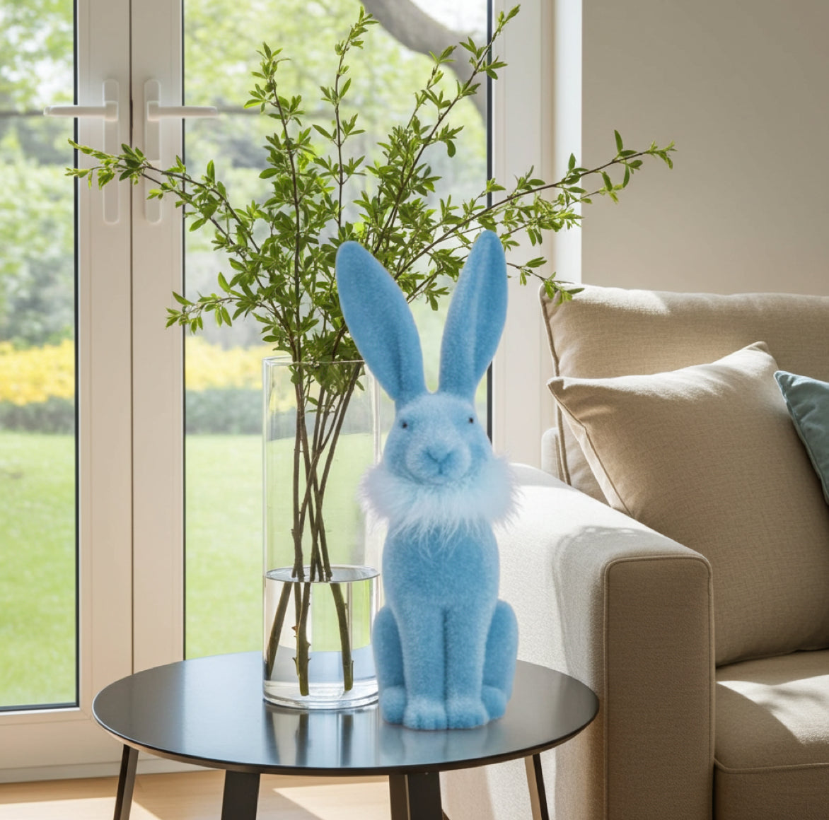 der große Hasen Tipsi in Hellblau im modernen Wohnzimmer-Ambiente.