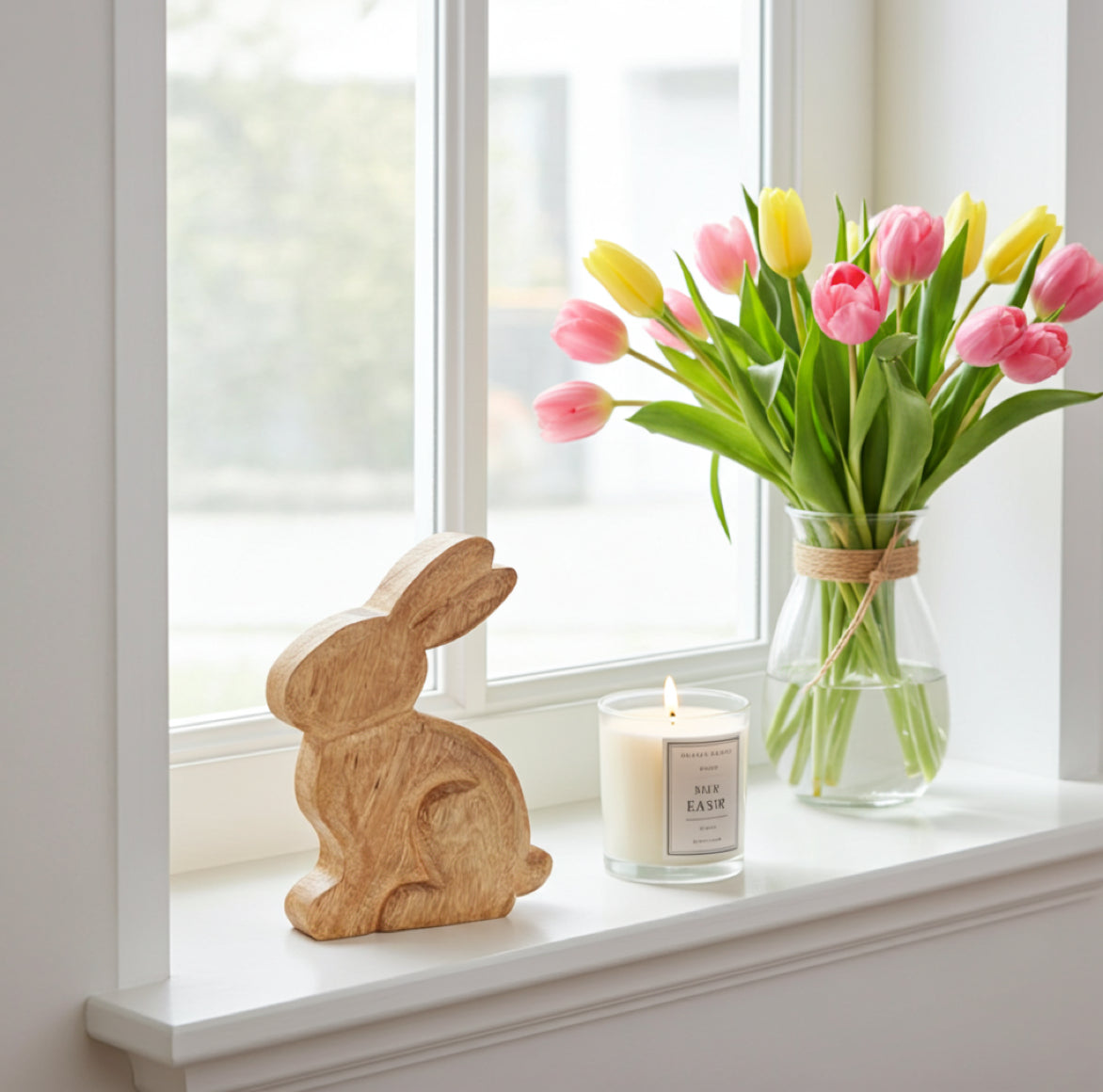 hase dekofigur holz osterdeko auf fensterbrett dekoriert als fensterdeko