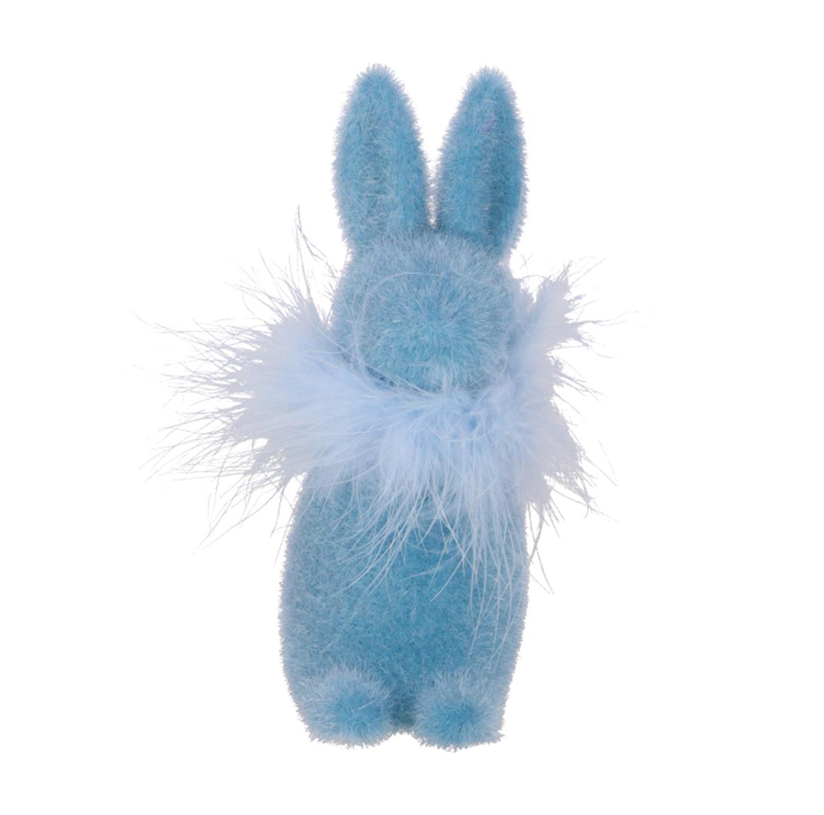 Hellblauer Samt-Hase Stuppsi mit Federboa, 25 cm hoch.
