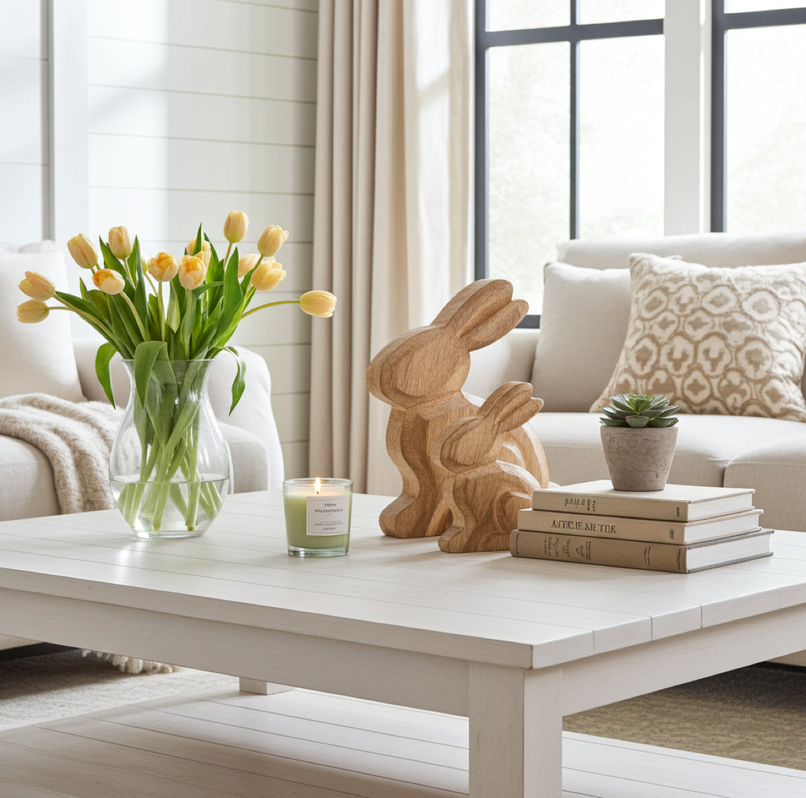 Hase aus Holz im Wohnzimmer als moderne nachhaltige Osterdeko auf dem Sofatisch dekoriert