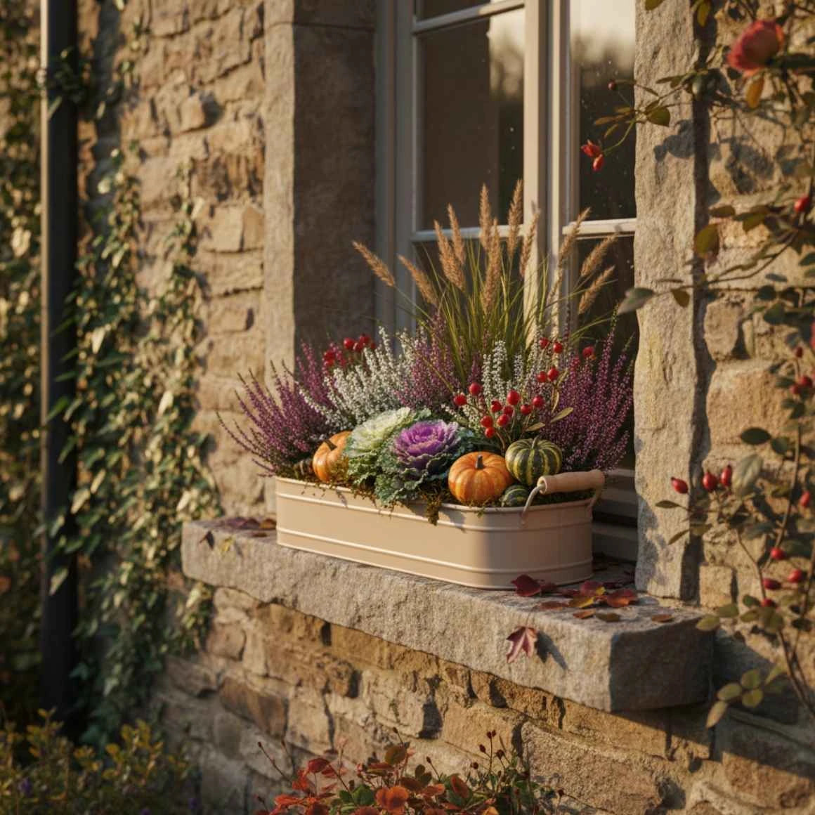Herbstdeko für die Fensterbank im Eingangsbereich auf Fensterbrett am Landhaus draußen mit Metall Balkonkasten Beige aus Metall