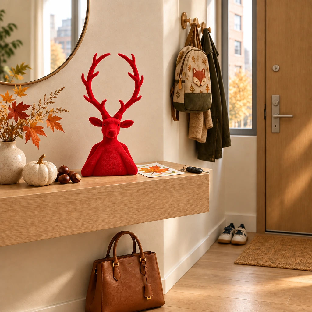 Deko Hirsch im Eingangsbereich einer Wohnung einer Familie als Herbstdeko