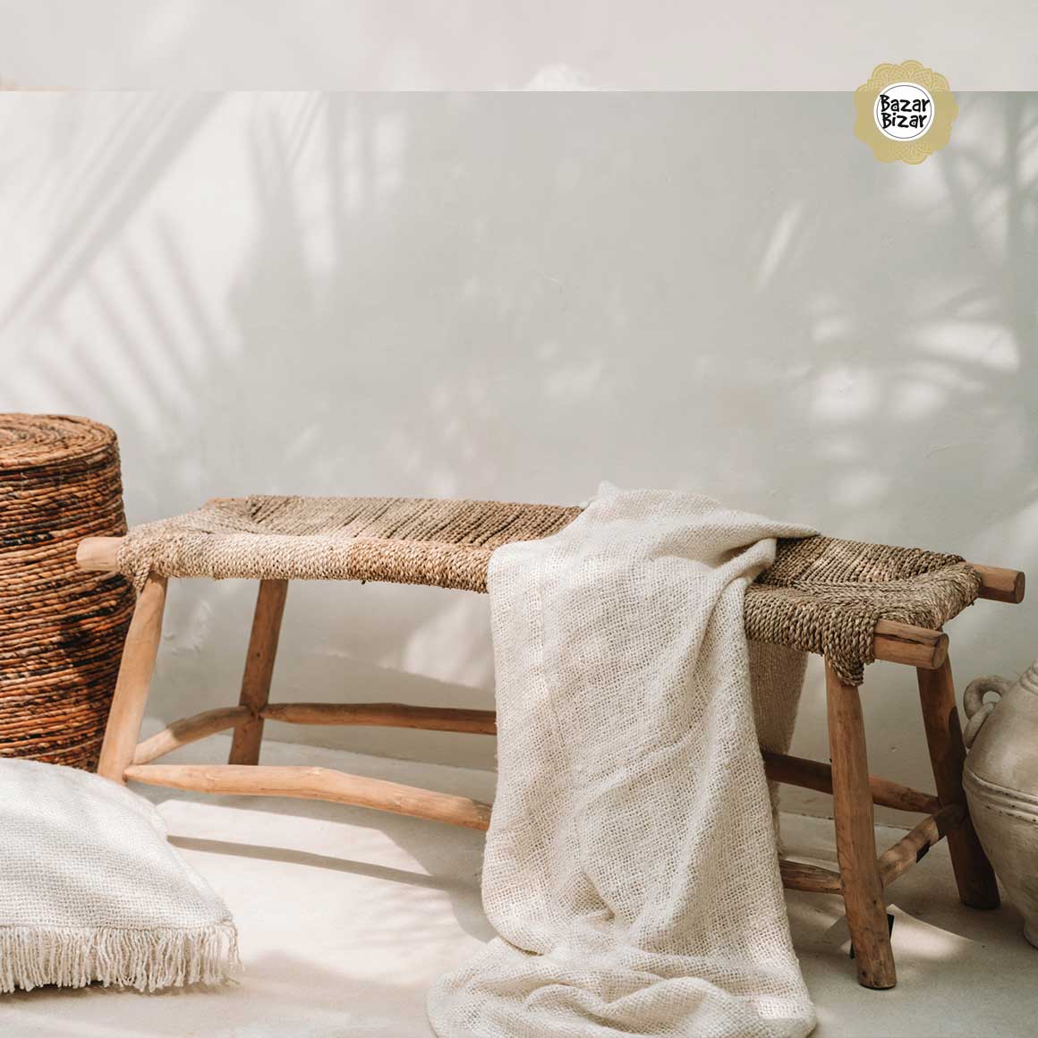 holzbank Boho Möbel bank sitzbank sitzmöbelstrandhaus ibiza PORTO TeakHolz kaufen Soulbirdee Onlineshop JACA011N-110 Seegras Bazar Bizar