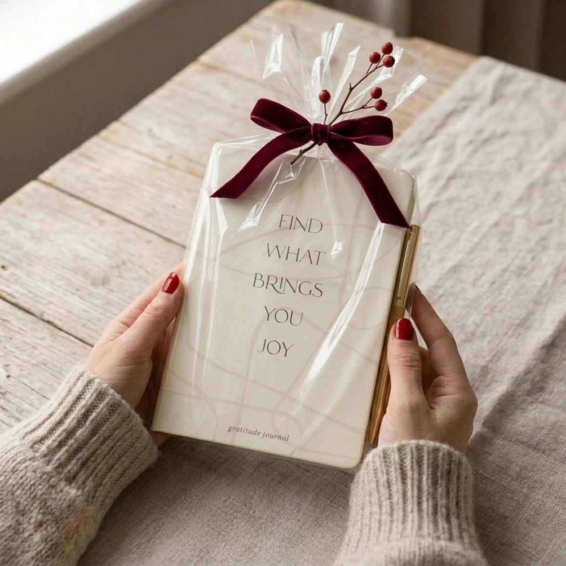 Beige-farbiges Journal Tagebuch mit goldenem Stift zum Mitnehmen für unterwegs "Find what brings you joy"