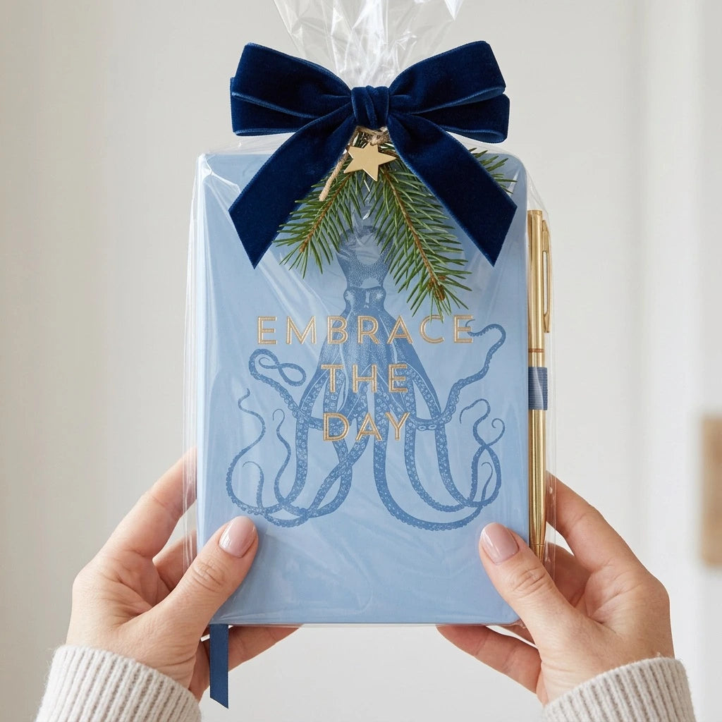 Blaues Journaling Buch „Embrace The Day“ mit Oktopus-Motiv, goldgeprägtem Schriftzug und passendem goldfarbenem Stift als perfektes Geschenk nicht nur zu Weihnachten