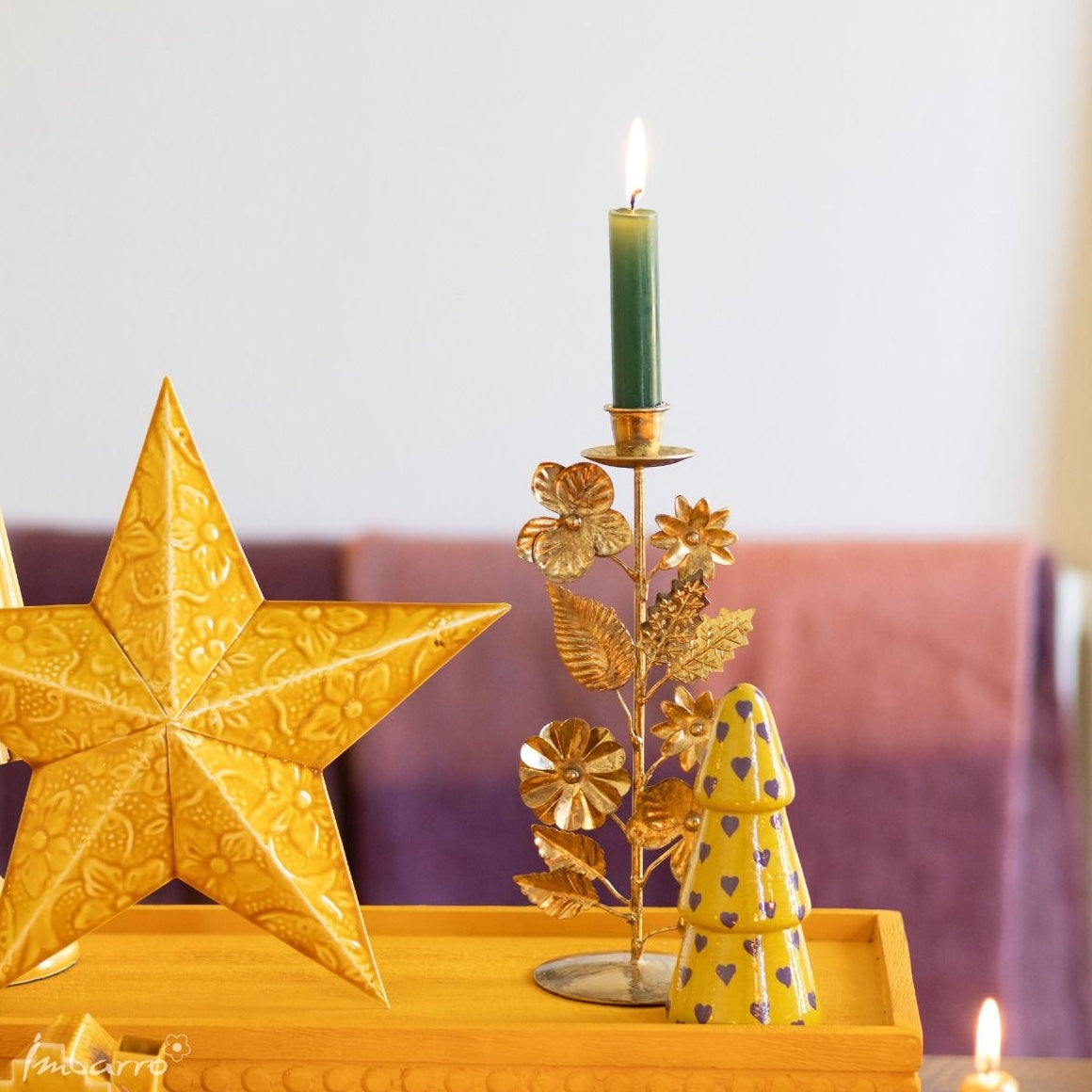 Boho Kerzenhalter Avalon Messing Gold mit Blättern und Blumen 