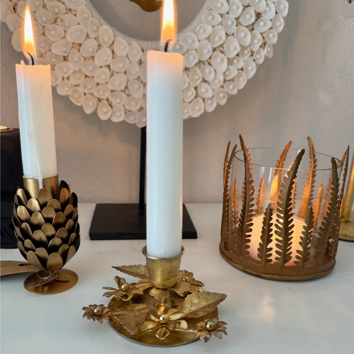 Kerzenhalter aus gold Messing massiv Metall im Boho Stil als Tischdeko