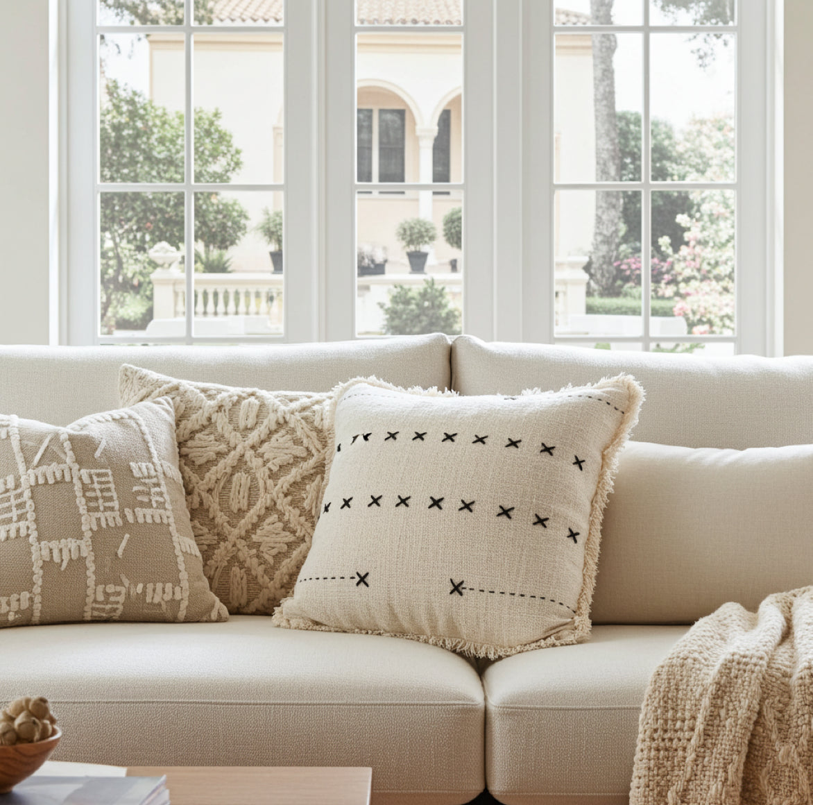 Boho Kissen Beige mit schwarzem Stick Muster X 