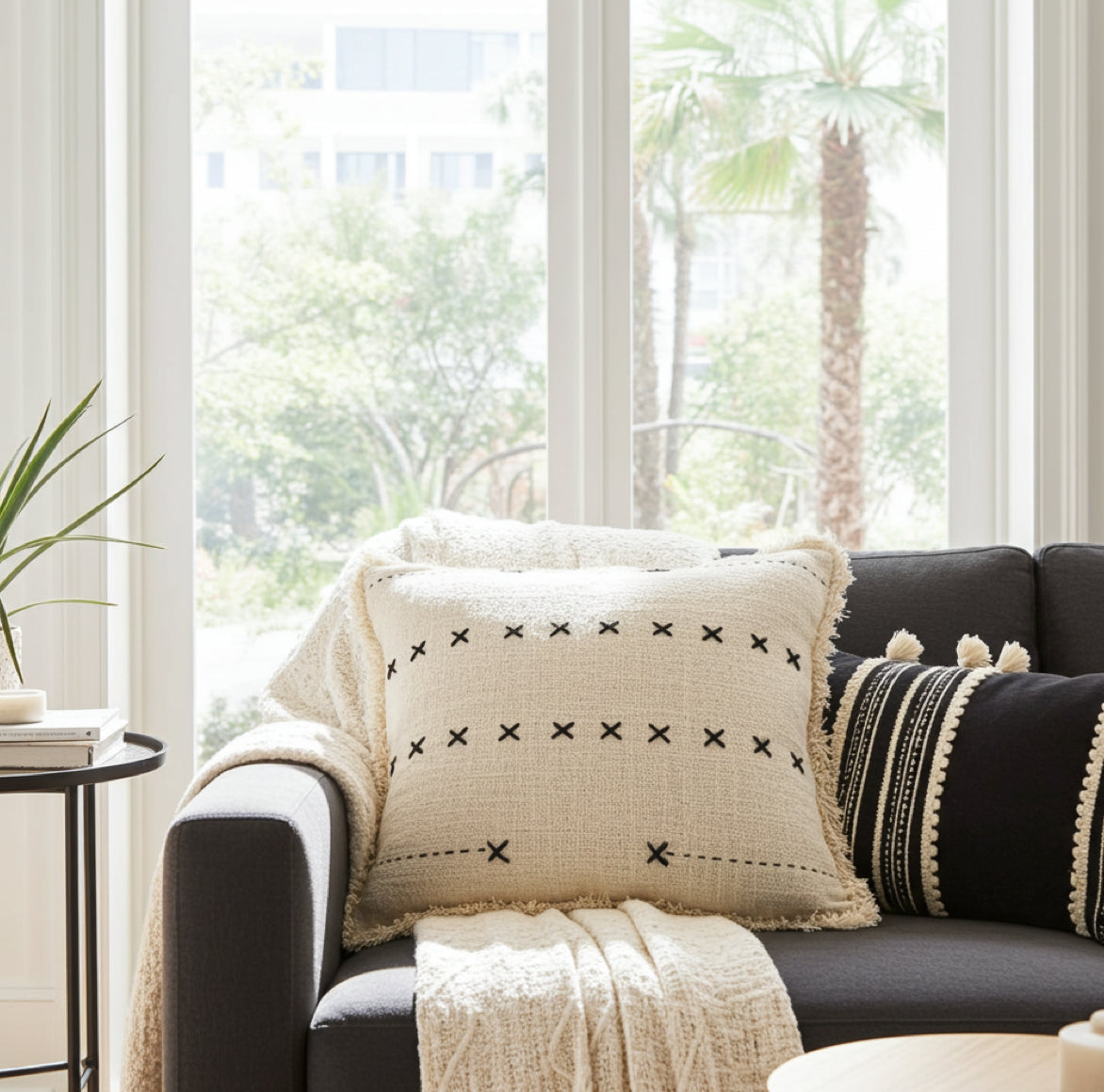 Boho Kissen Beige mit schwarzem Stick Muster X  auf Sofa im marokkanischen Stil