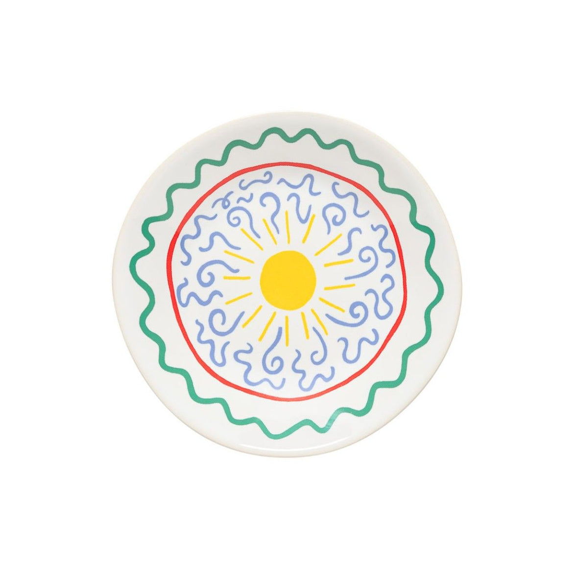 Kleiner Teller Summer Bliss – handbemaltes Design mit Sonne, Wellen und rotem Rand in mediterranem design