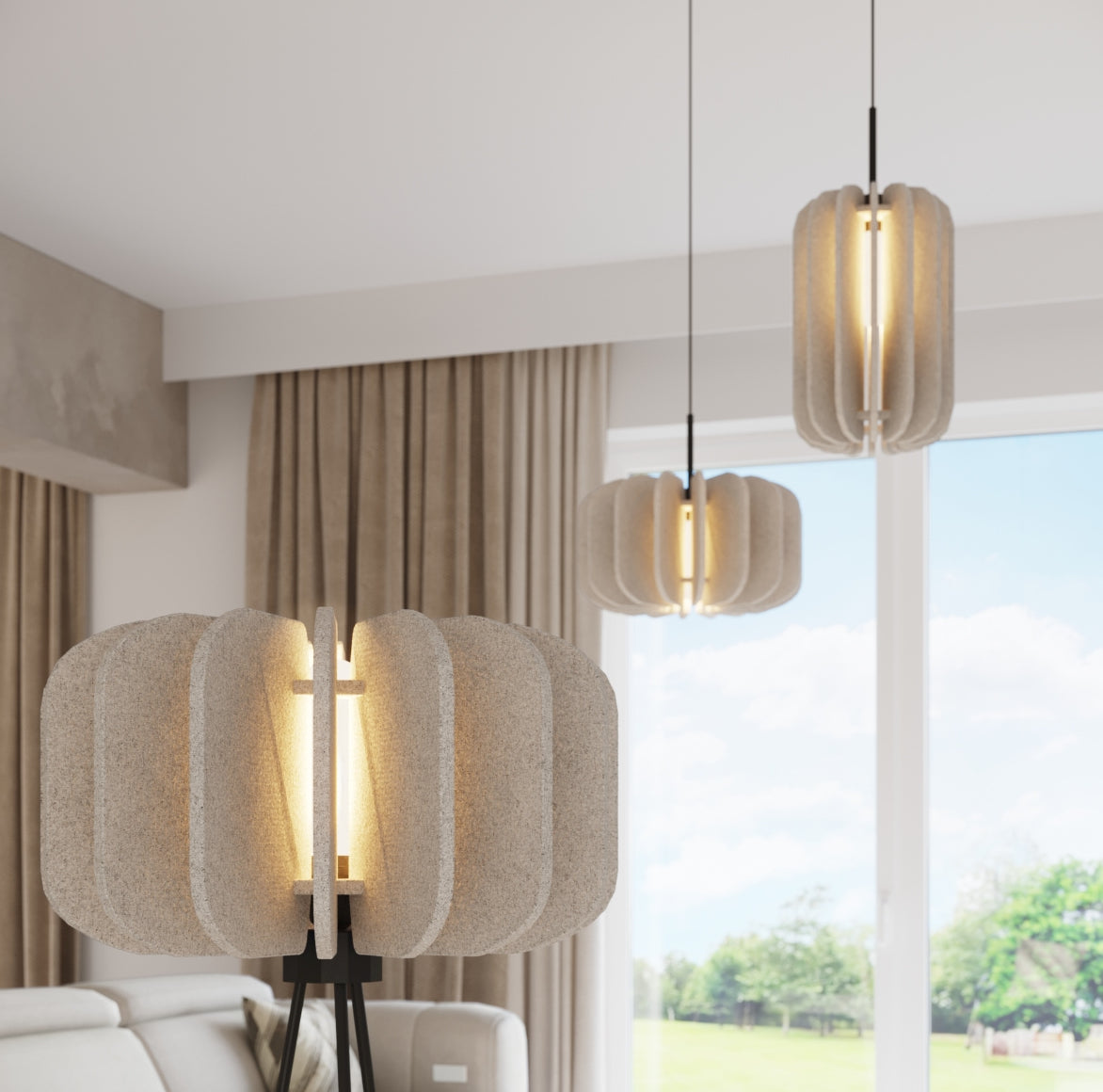Hängelampe beige kollektion aus filz 3 Lampen design Modelle und stehlampe