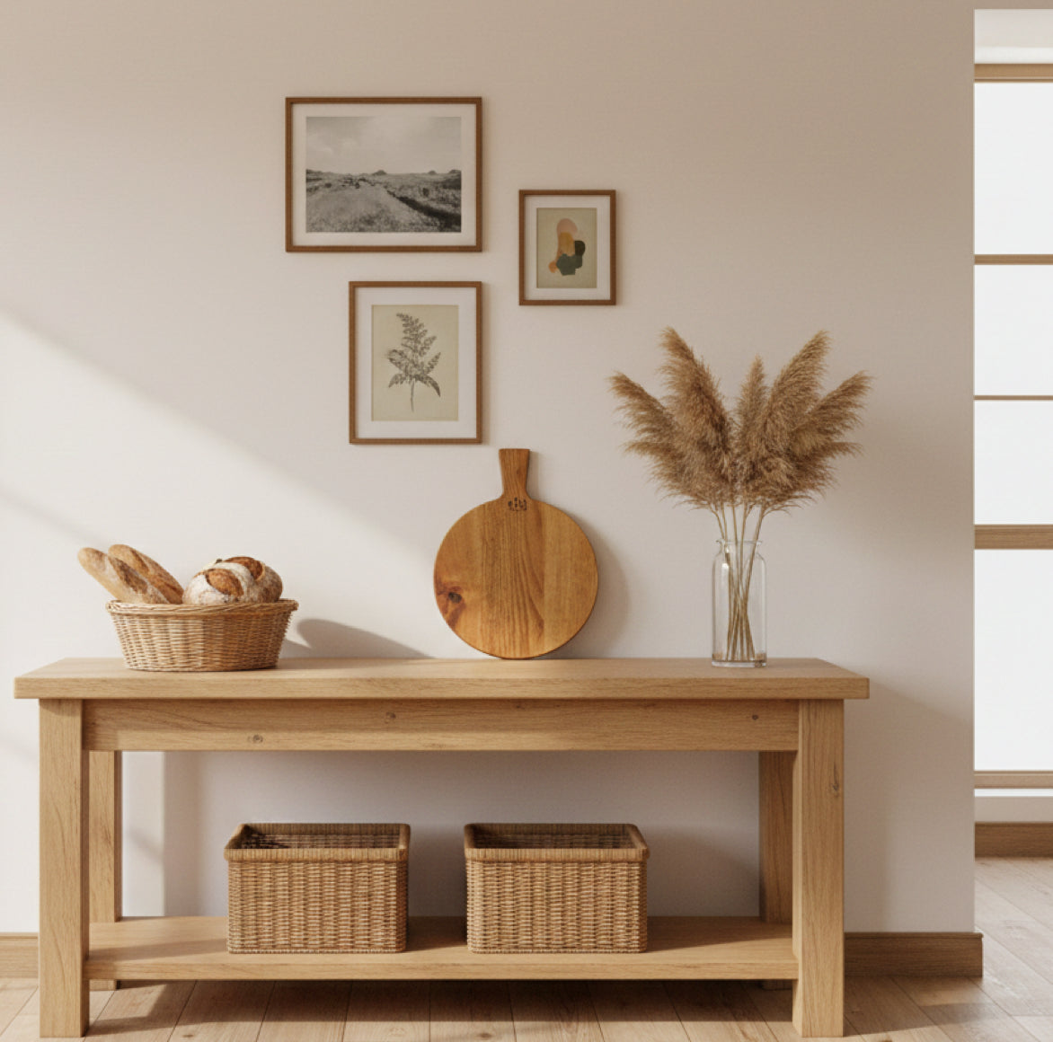 Natürliche Materialien wie dieses runde massive Eiche-Holzbrett in rundem Design sind die ideale Dekoration für die Landhaus Küche.