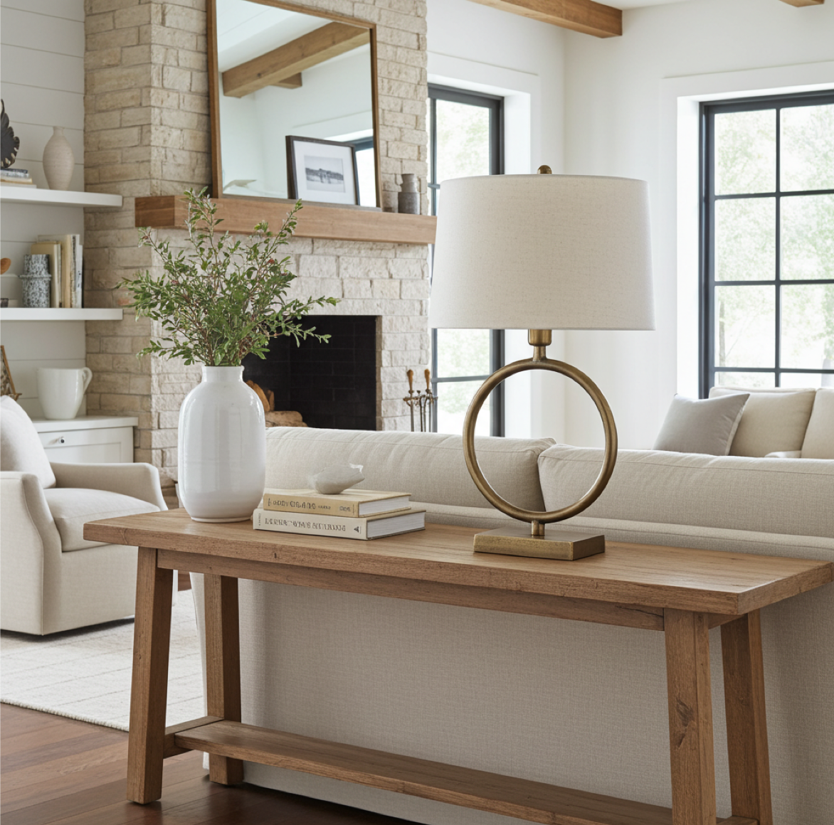 goldener ring förmiger Lampenfuss aus Messing im Landhaus Stil als Tischlampe auf einem Wohnzimmer Sideboard