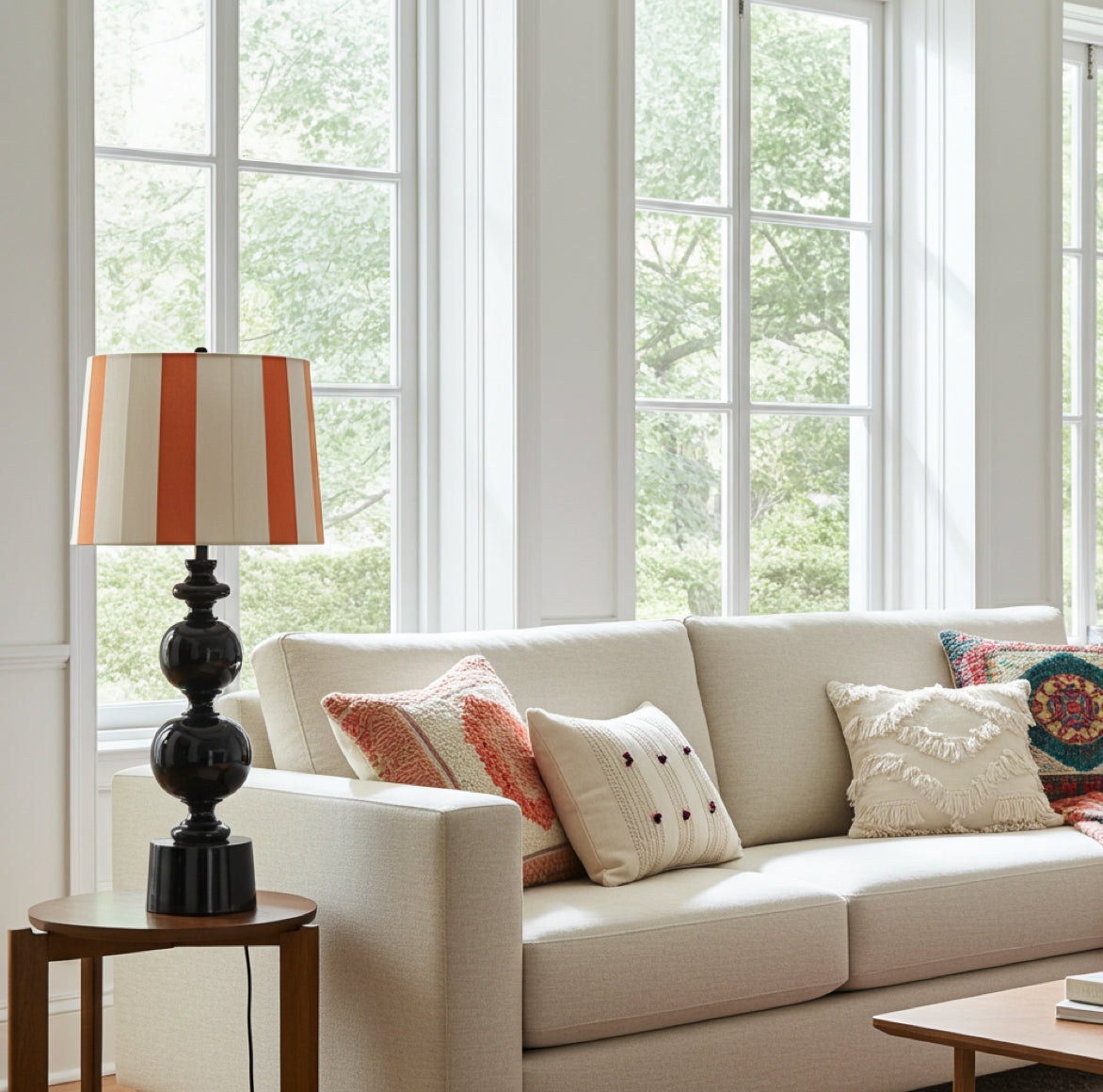 schwarzer Lampenfuss lackiert glänzend in einem altbau wohnzimmer im Boho Style