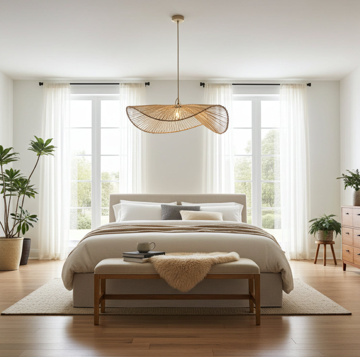 Soulbirdee Rattanlampe Mein Bali über Bett im Schlafzimmer als Lampe für Allgemeinbeleuchtung