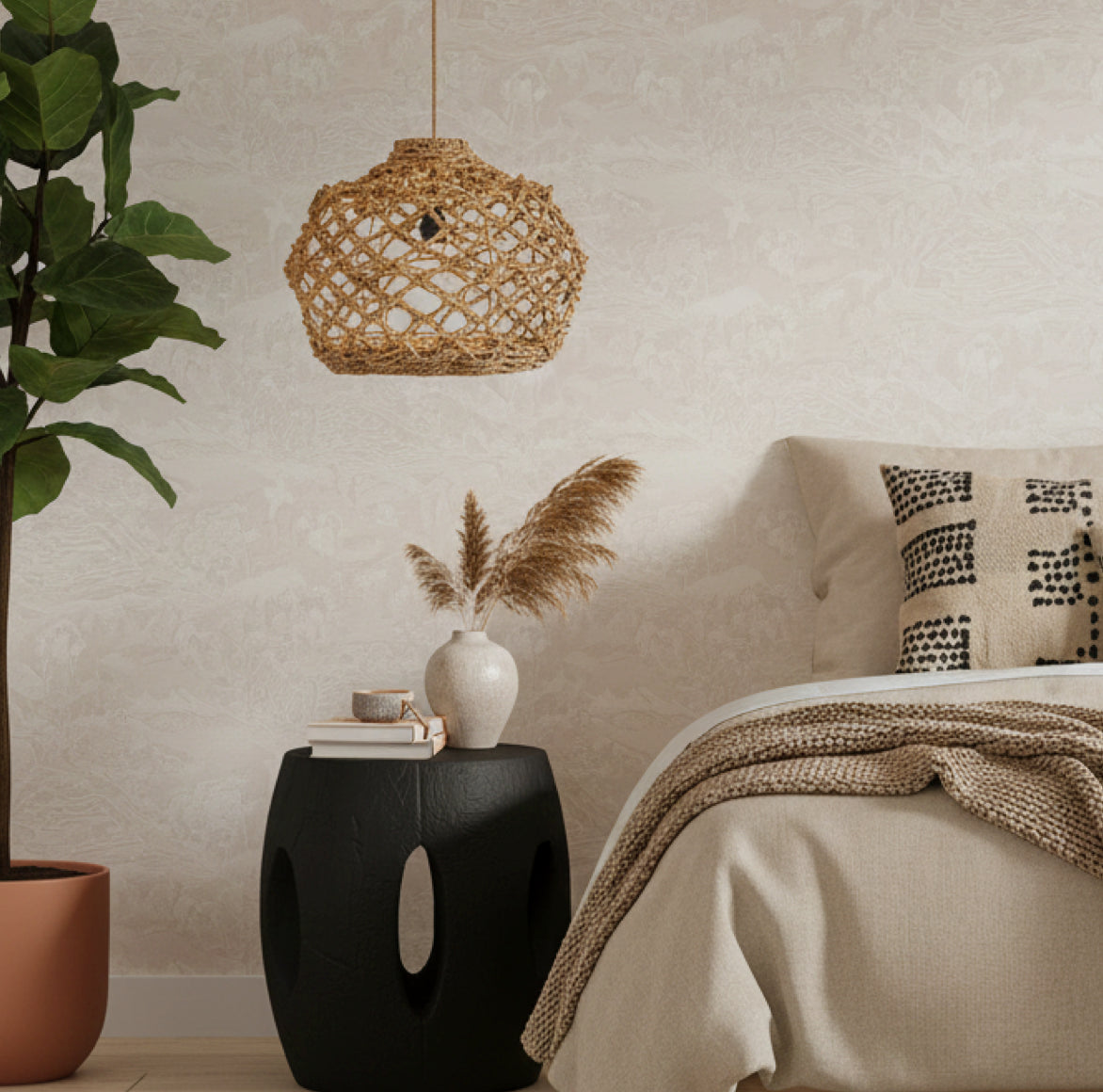 Banara Lampenschirm in Schlafzimmer-Szenerie, kombiniert mit natürlichen Textilien und Möbeln im Küstenstil