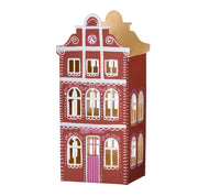 Großes Lebkuchenhaus Stadthaus aus Metall als rotes Weihnachtshaus freigestellt