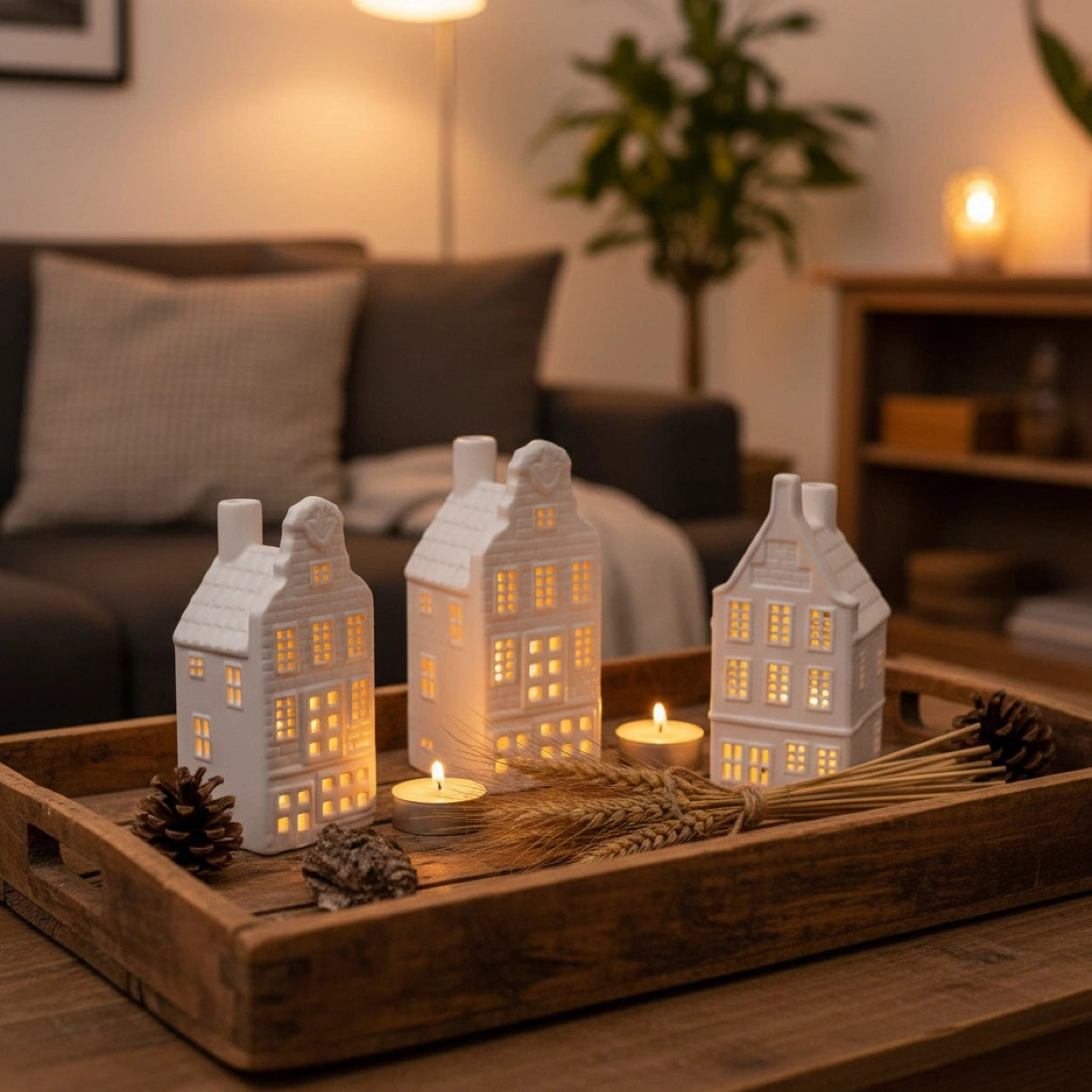 lichthaus set mit 3 weißen beleuchteten miniatur-Häusern  im wohnzimmer dekoriert auf Dekotablett aus Holz mit Naturmaterial abendstimmung
