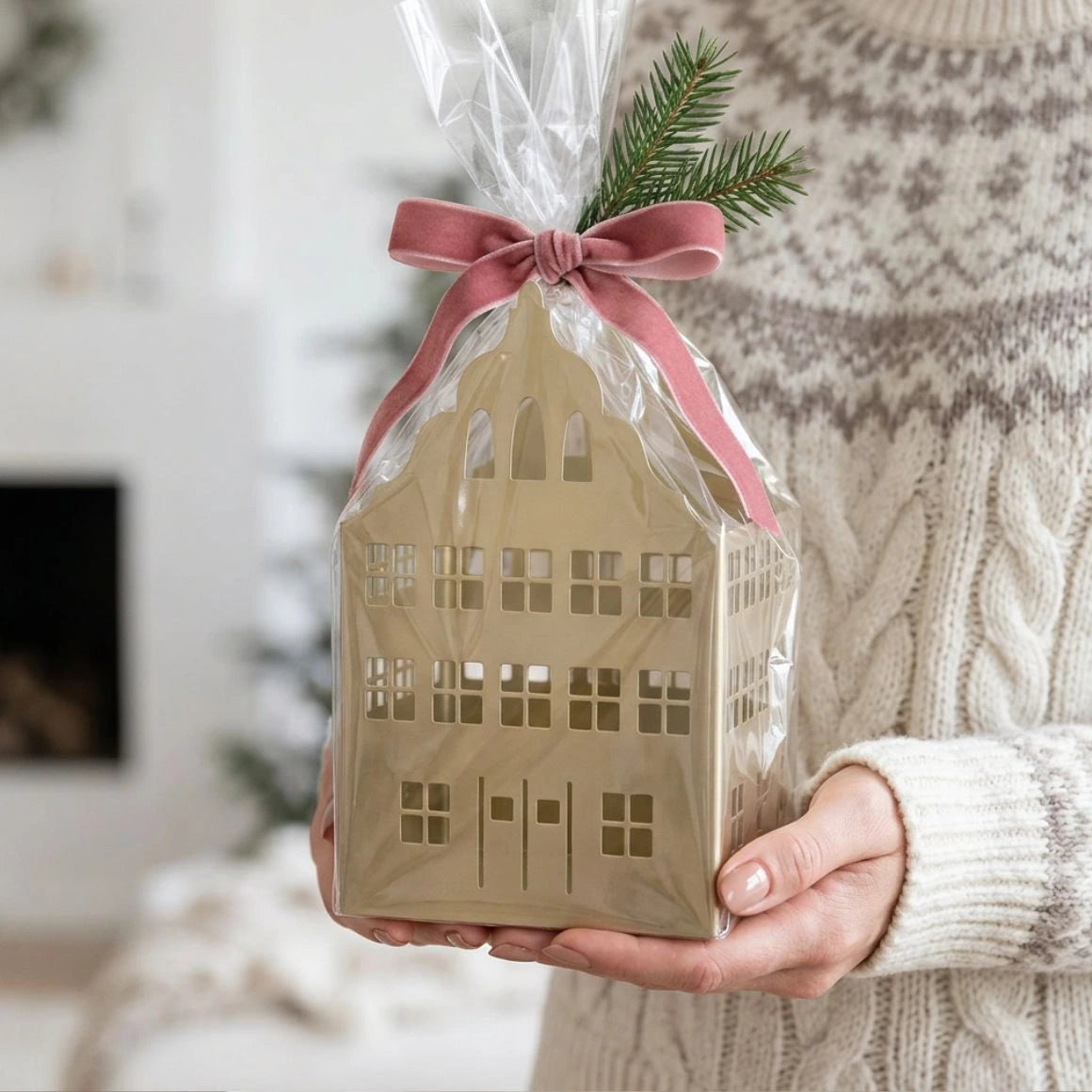 goldenes lichthaus als Weihnachtsgeschenk verpackt mit schleife wirkt es noch edler