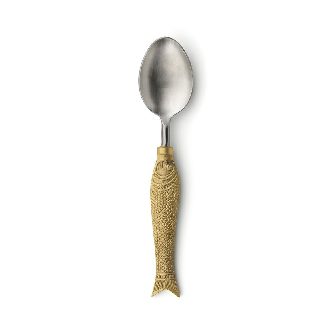Goldener Löffel mit Fischdetail im Griff aus der Mare Gold Besteckserie