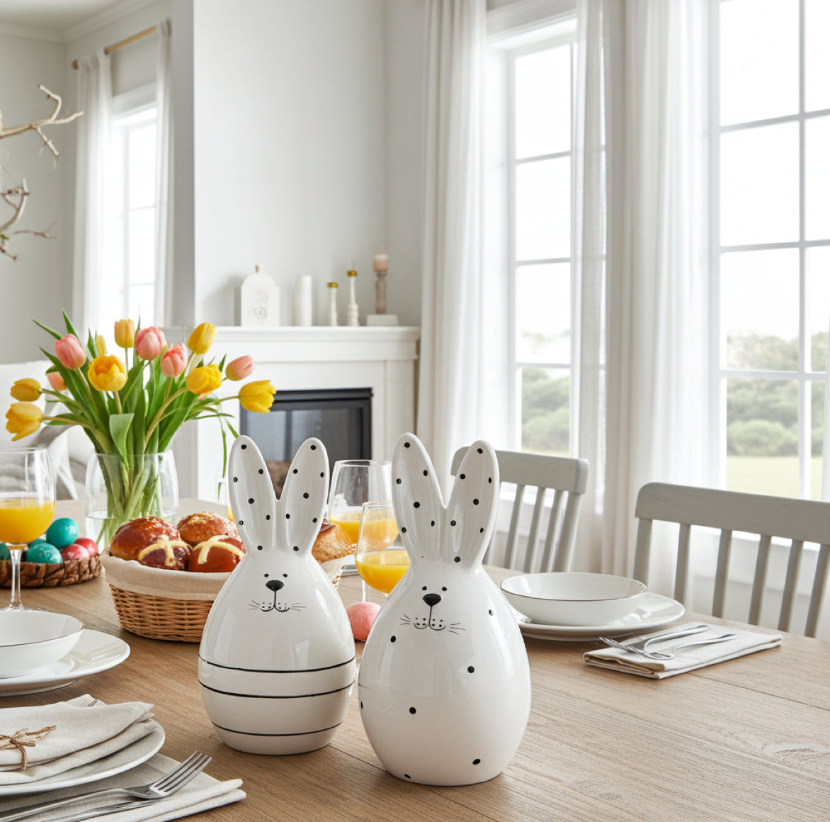 Zwei moderne Keramik Osterhasen in weiss und wenig schwarz als Tischdeko für den Oster-Brunch